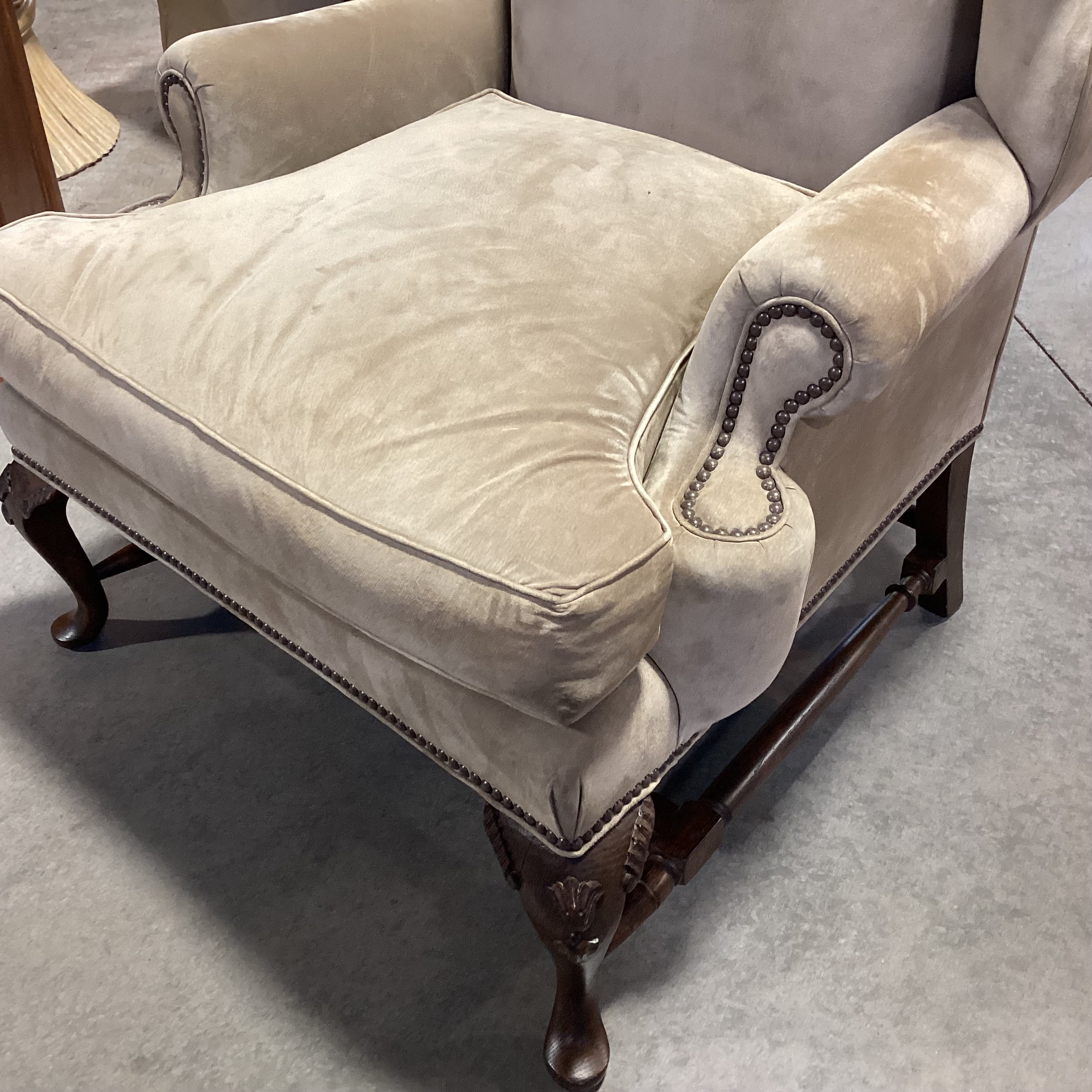 JJ Custom Beige Tan Suede Nailhead Down Mix & Carved Wood Wing Chair 36"x 36"x 47"