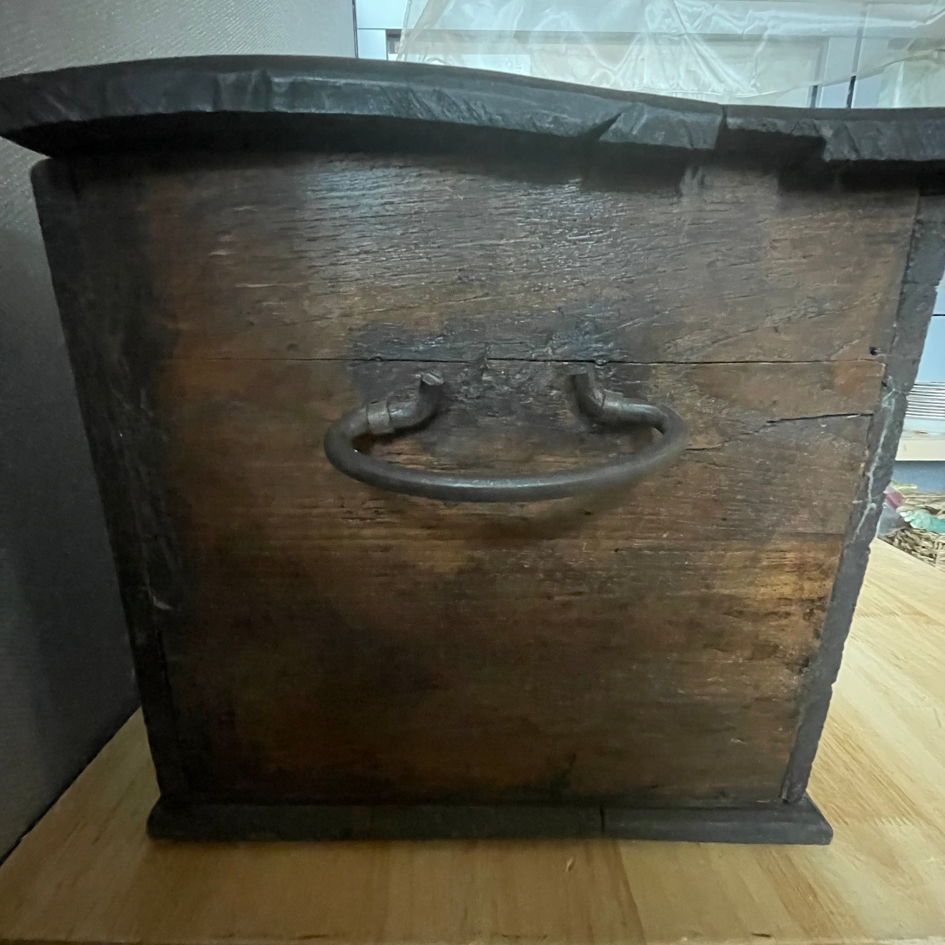 Antique Hand Painted Tibetan Wood, Iron Handles Small Travel Trunk, 23"x 10.5"x 10.75"