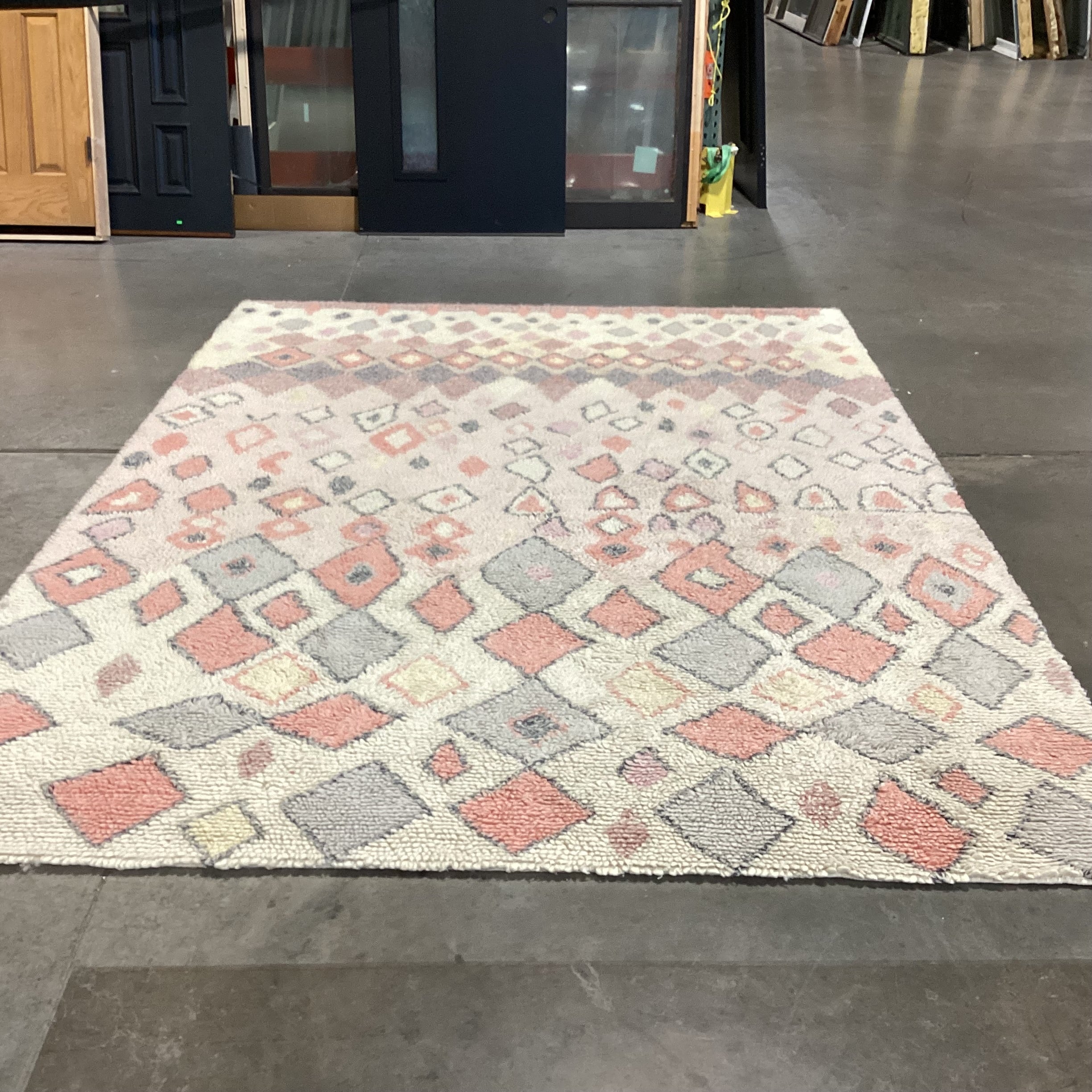 Opal House Cream Coral Pink & Grey Diamond Pattern Wool Rug 7'x 10'