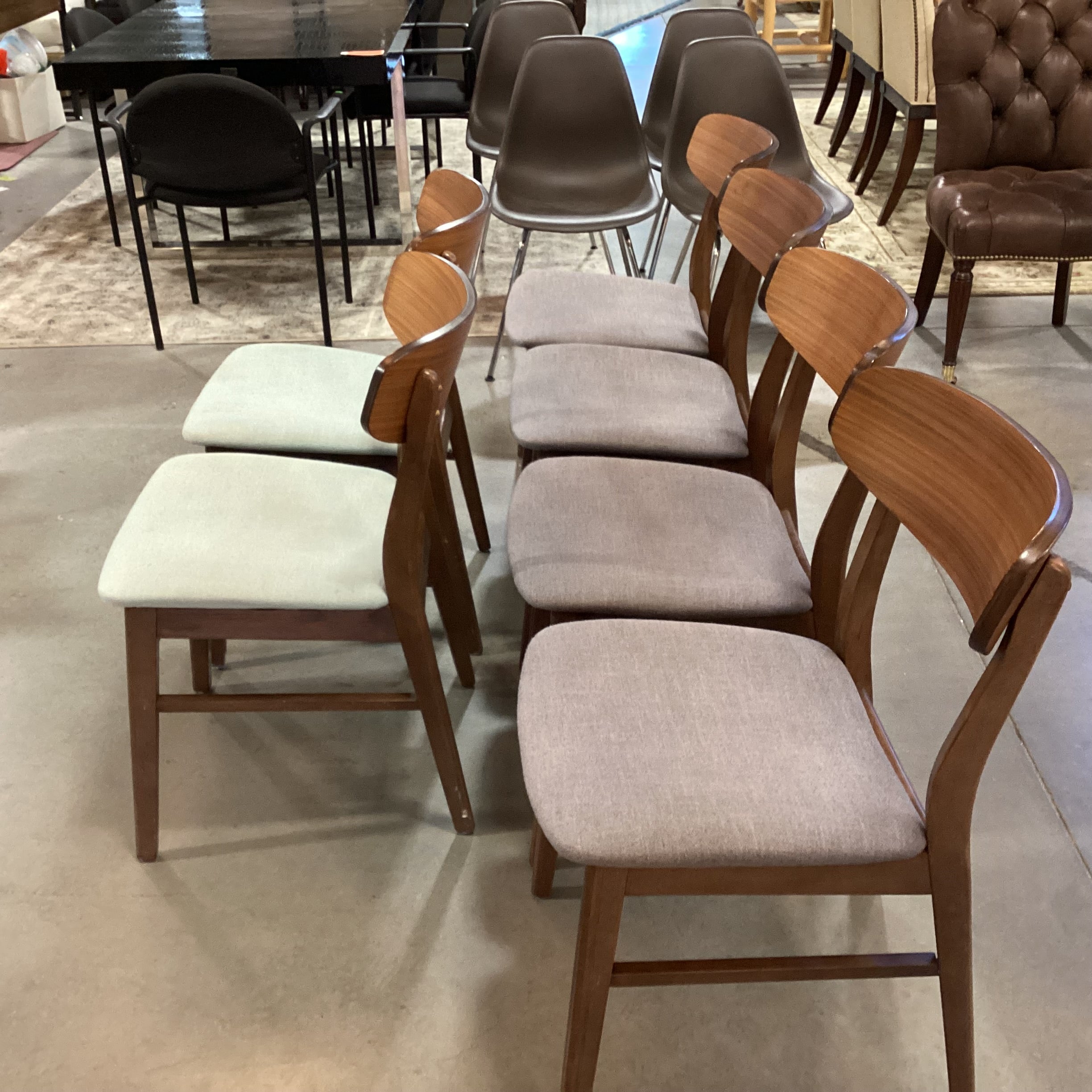 SET of 6 Mid Century Style Walnut Blue & Grey Seat Dining Chairs 18"x 18"x 30.5"