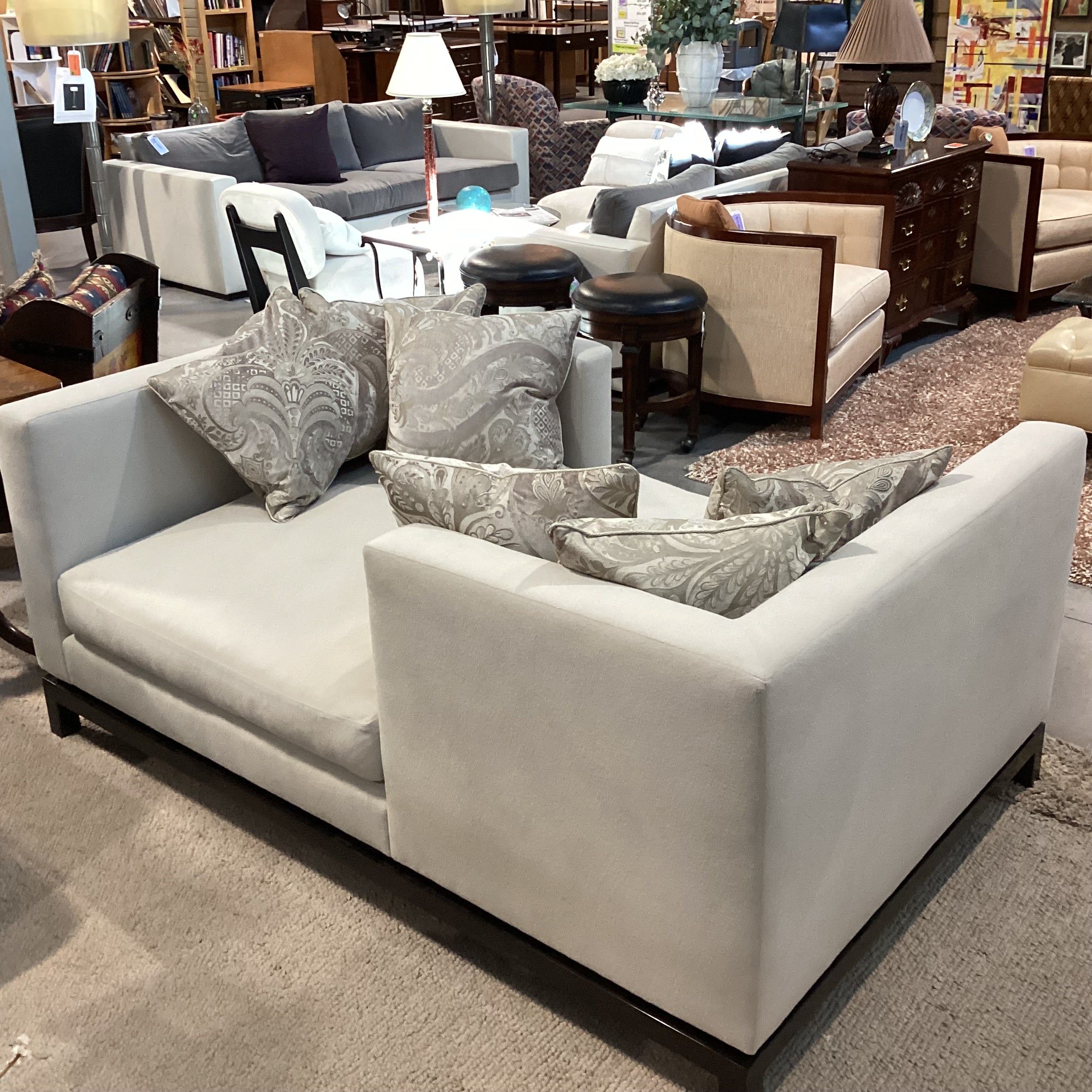 JJ Custom Dove Grey Wool Down Mix with Metallic Taupe &Ivory Accent Pillows Modern Chaise Sofa 76"x 48"x 33"