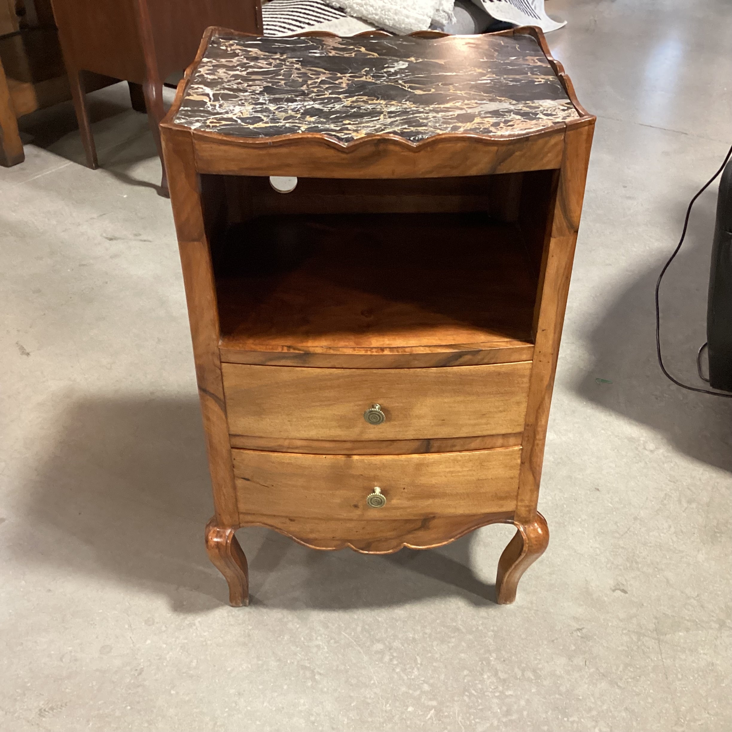 Antique Ornate Carved Walnut & Stone Top 2 Drawer with Cubby Nightstand 16"x 19"x 30"