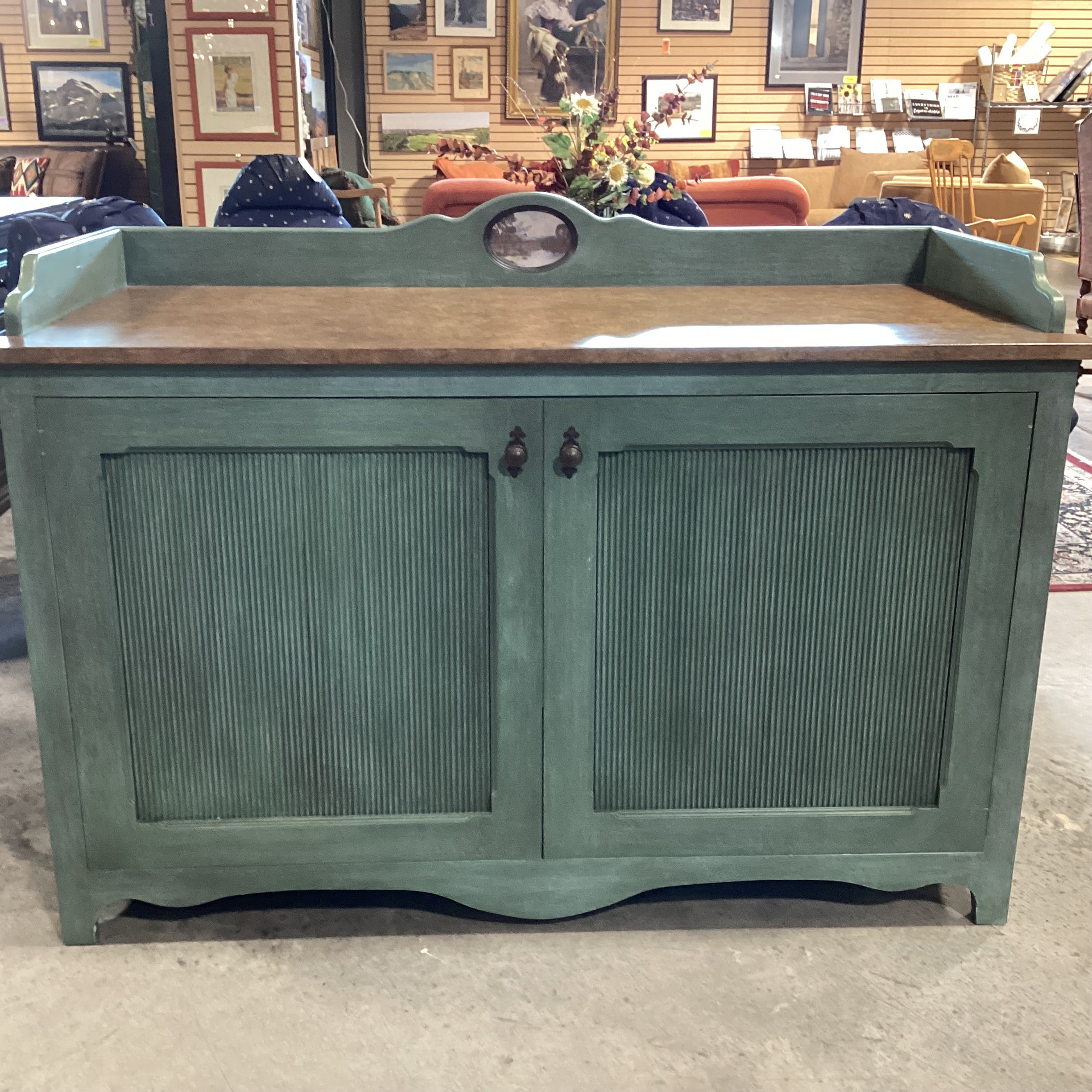 Hand Crafted Green Finished Wood with Ribbed Doors Backsplash Detail & Shelves Buffet Sideboard 59.9"x 26"x 43"