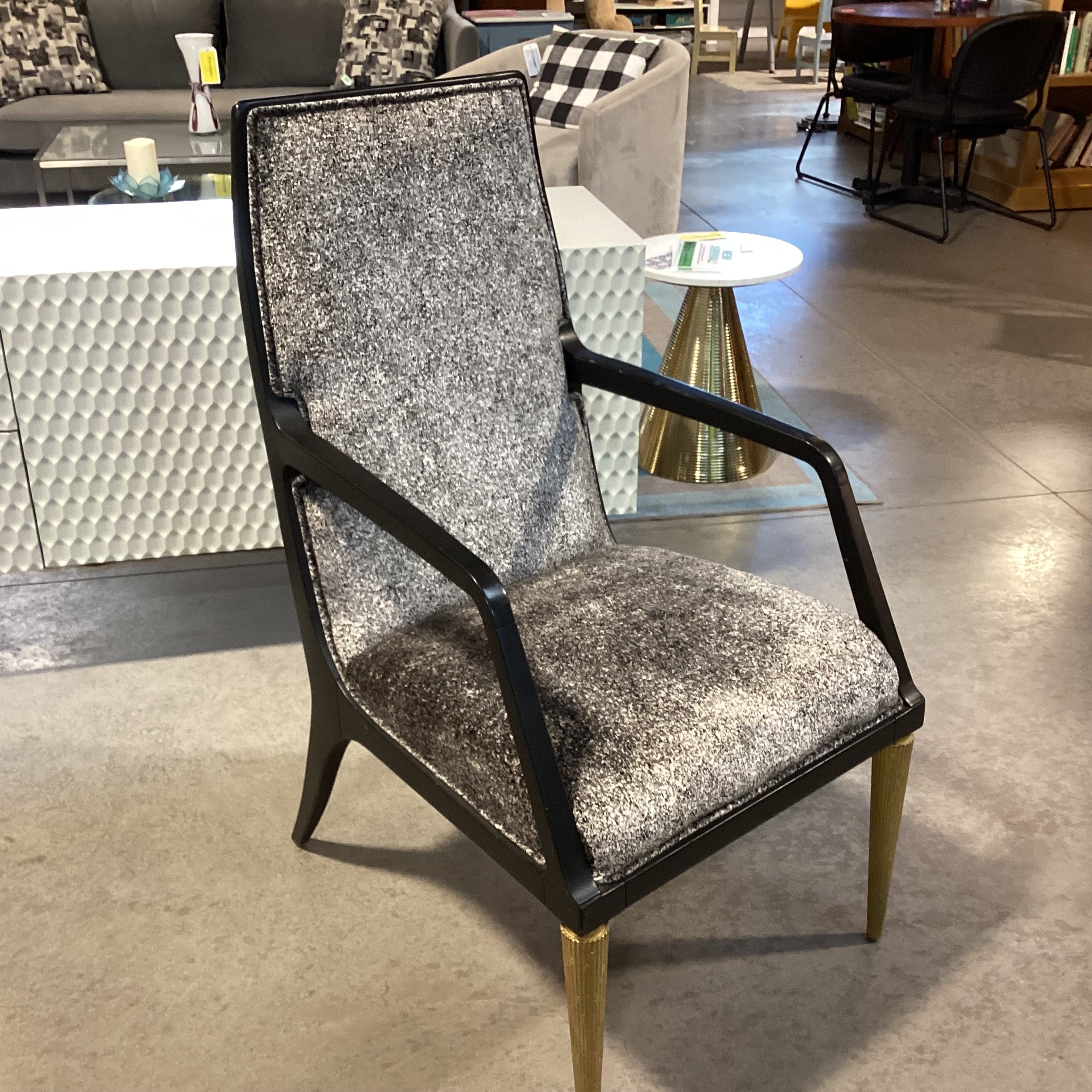 Jean Louis Denoit for Baker Jasper Black Lacquer & Gold Wood with Black & White Raised Chenille Accent Chair 23"x 28"x 42"