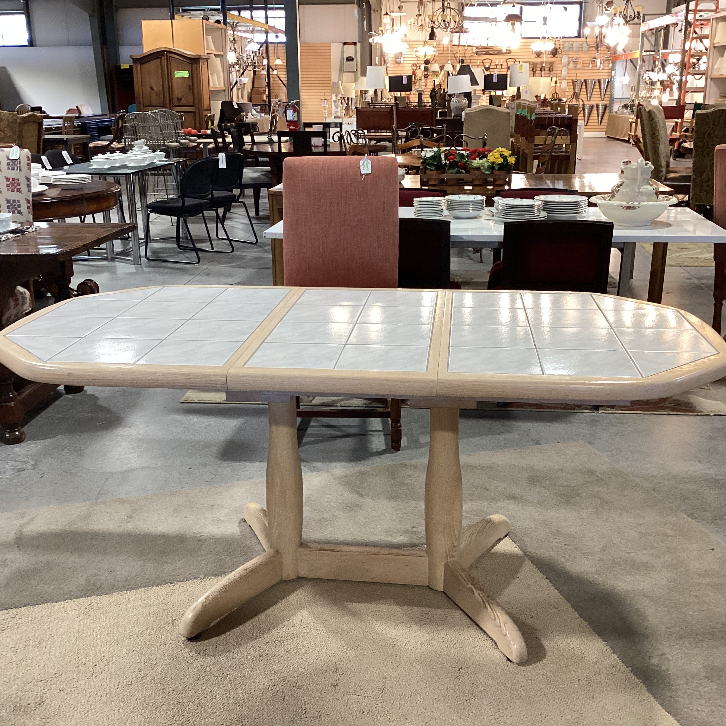 Light Washed Oak & Tile Top 1 Leaf Oval Dining Table 71"x 36"x 29"