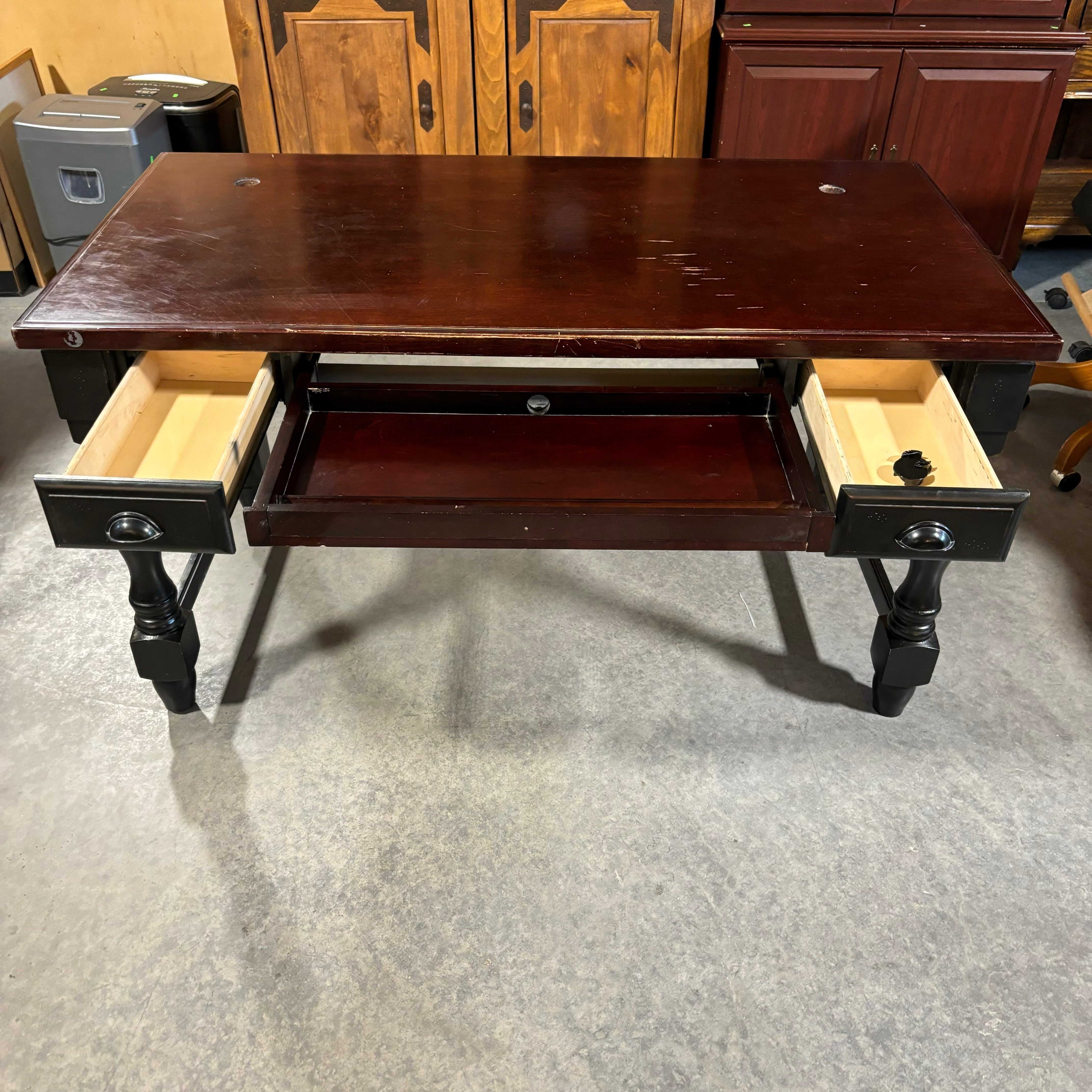 Dark Cherry Finish Top with Solid Black Wood Base 2 Drawer & Center Pullout Desk 58"x 30"x 31"