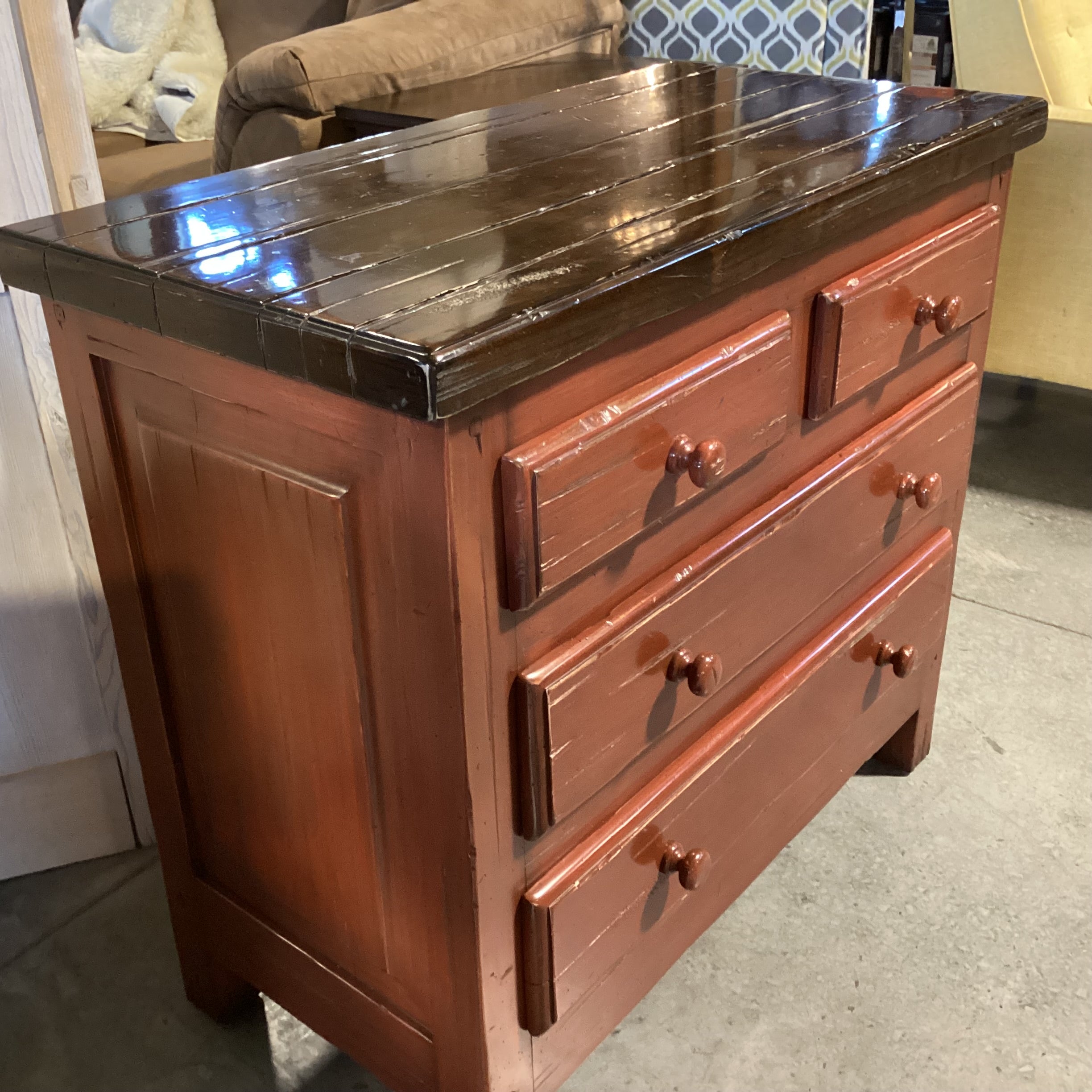 Red & Brown Distressed Finish Solid Wood 4 Drawer Chest 36"x 18"x 32.5"