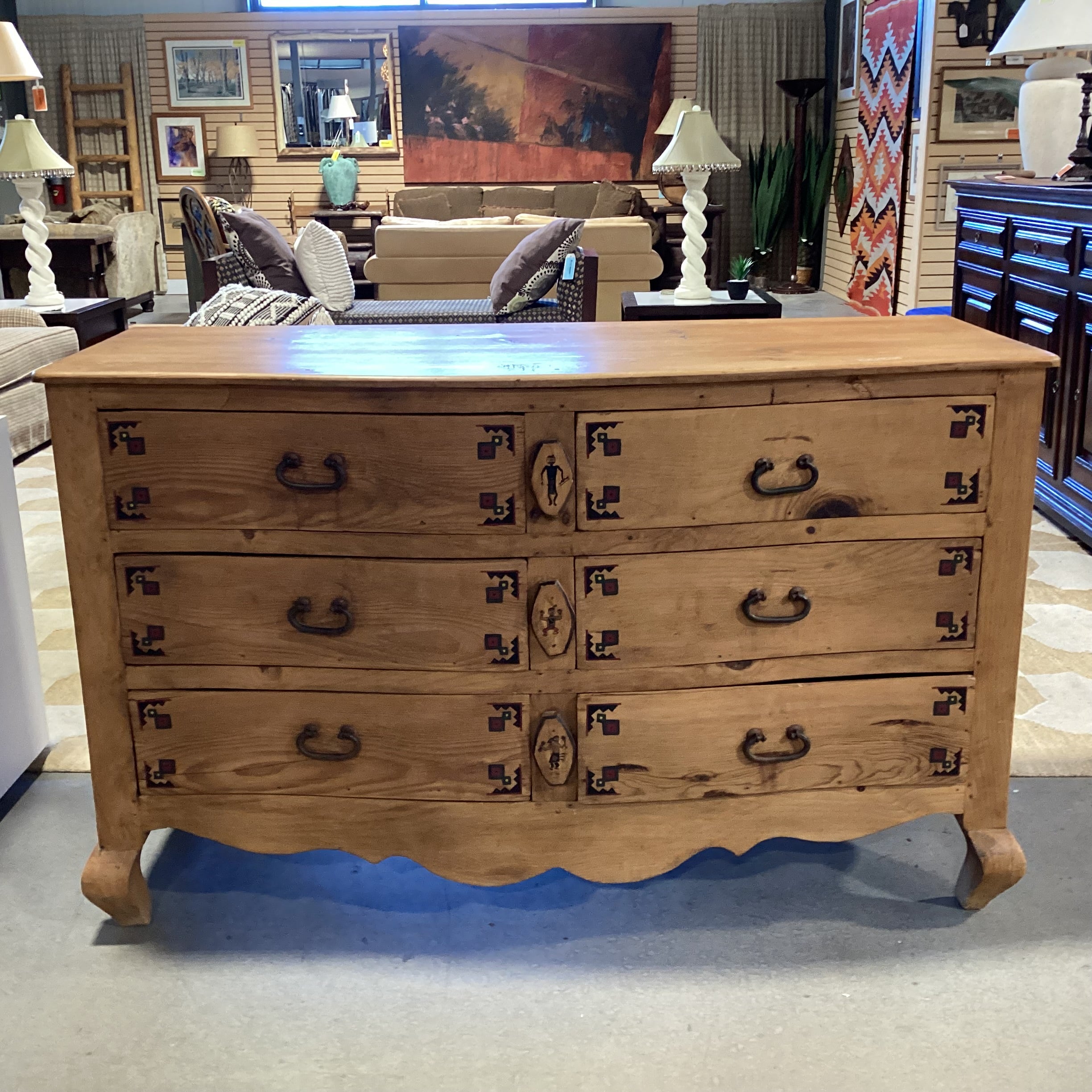 Custom Southwest Hand Painted Solid Natural Carved Wood 6 Drawer Dresser 57.5"x 23"x 35.5"