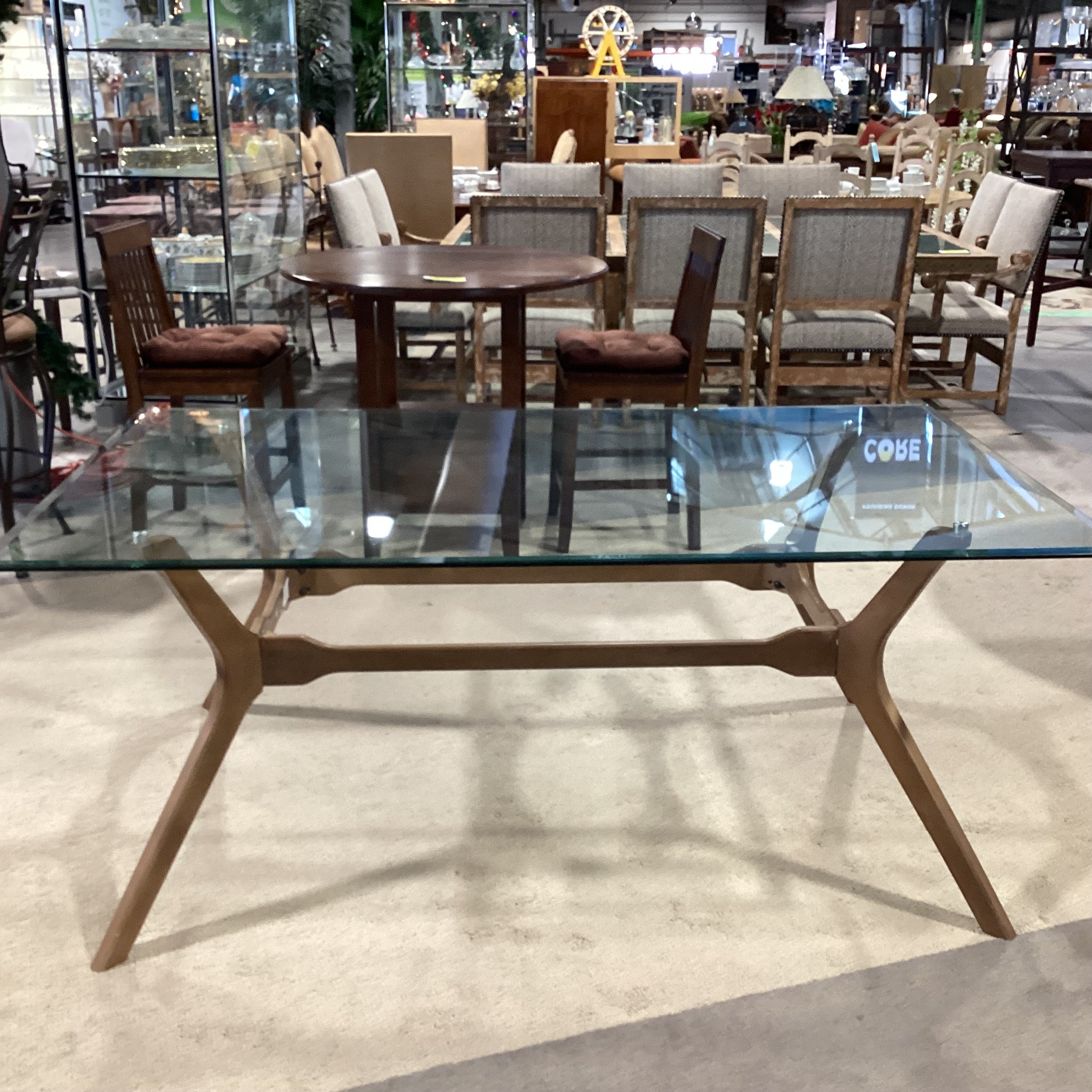 Mid Century Style Wood Base & Glass Dining Table 72"x 42"x 29.5"