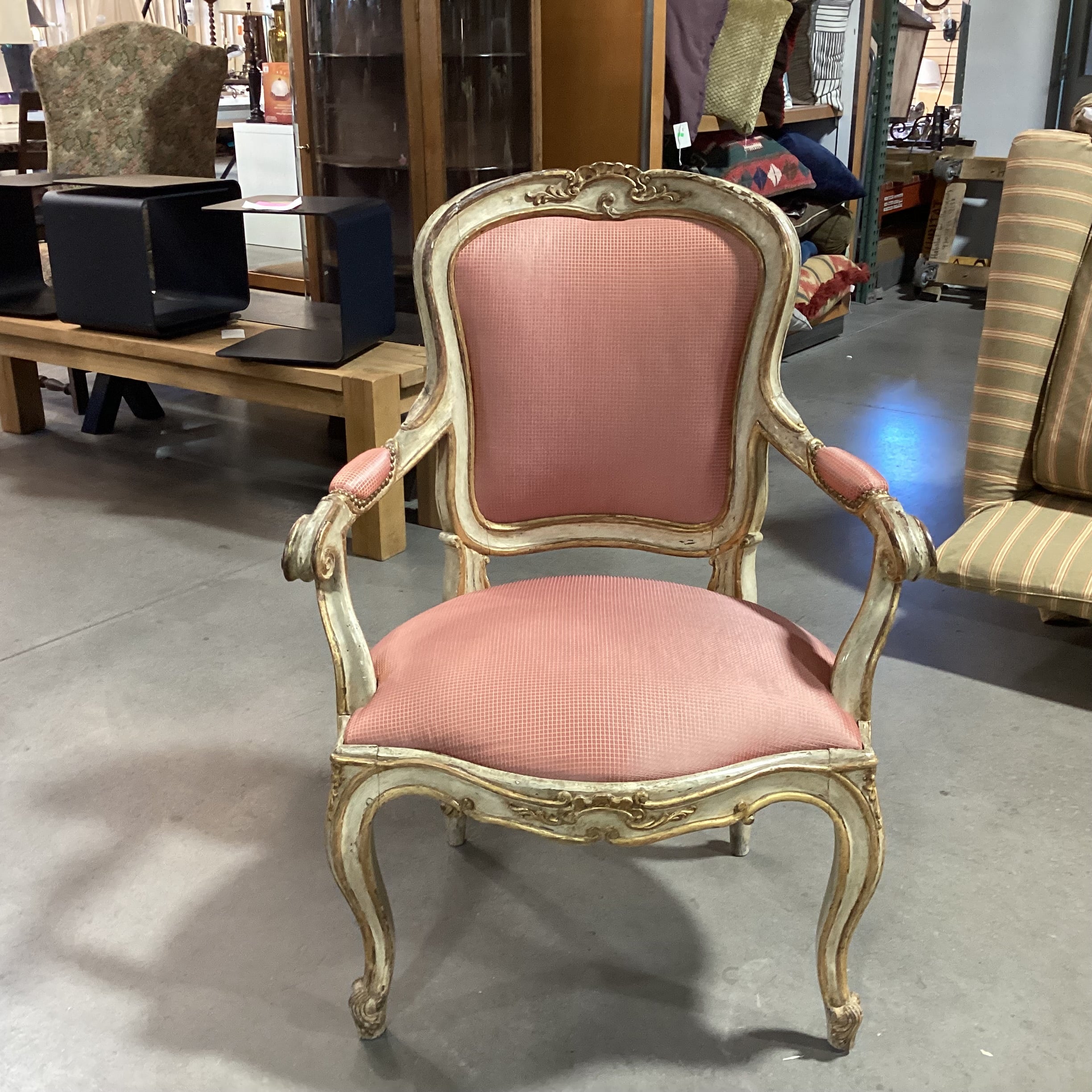 Antique French Provincial Ornate Carved Cream Gold Wood Orange Gold Upholstered Chair 31"x 26"x 41"