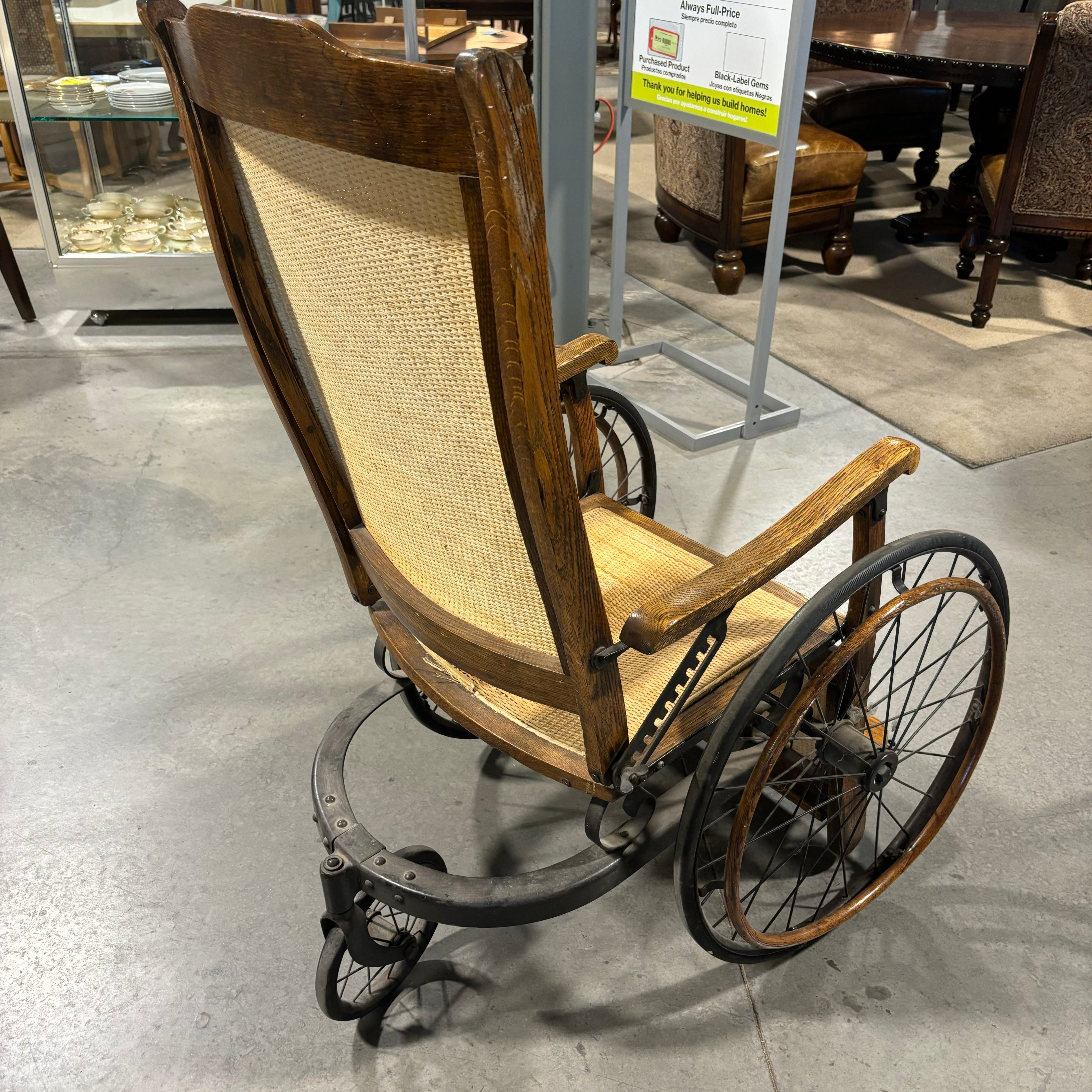 Antique Late 19th Century Oak & Wicker Genredon Wheelchair 30"x 36"x 39.5"