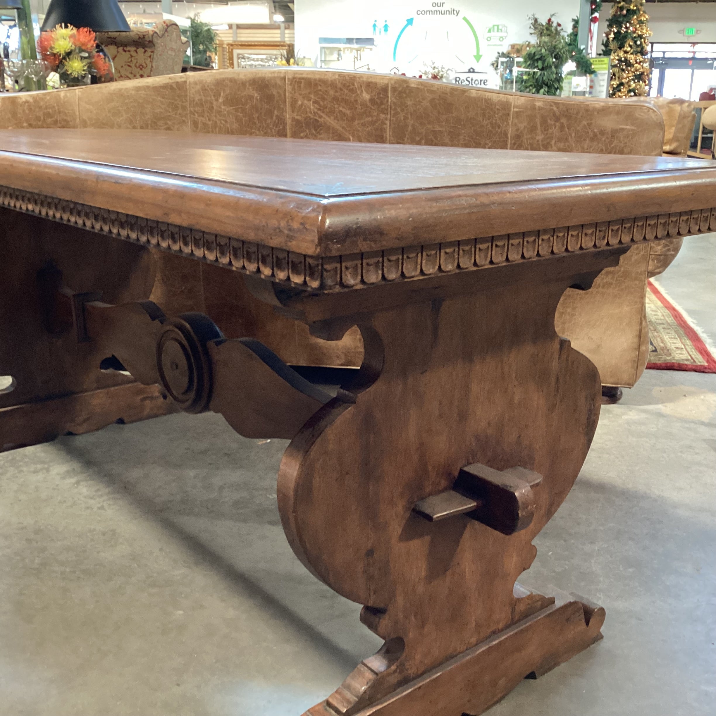 Distressed Finish Carved Wood with Dental Detail& Trestle Accent Table 70.5"x 30"x 30"