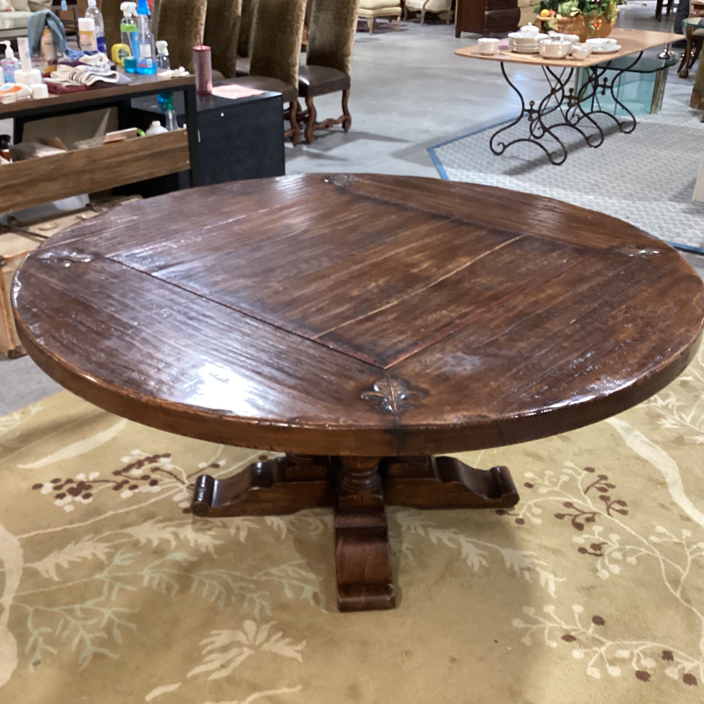 Distressed Solid Wood Finish with Carved Fleur De Lis  Detail Round Dining Table 66" Diameter x 30.5"