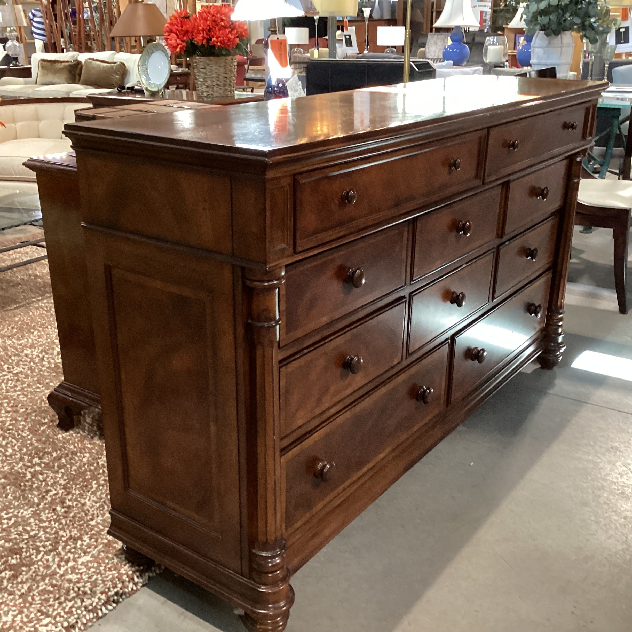 Jackson Carter Furniture Dark Finish Carved Column Detail 10 Drawer Dresser 69.5"x 20"x 40"