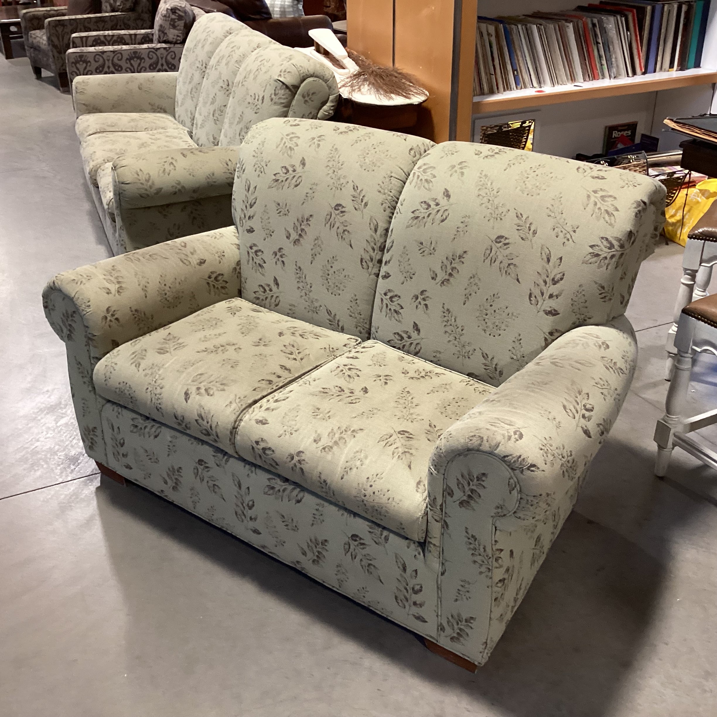 Sage with Leaf Design Roll Arm & Back Loveseat Sofa 62"x 38"x 37"