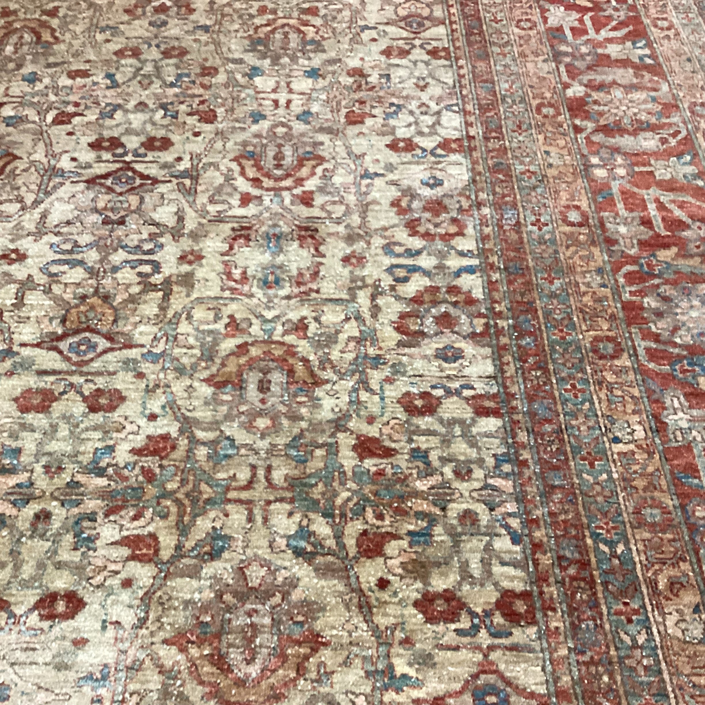 Golden Tan Rust & Blue Hand Woven Wool Rug 12'x 18'