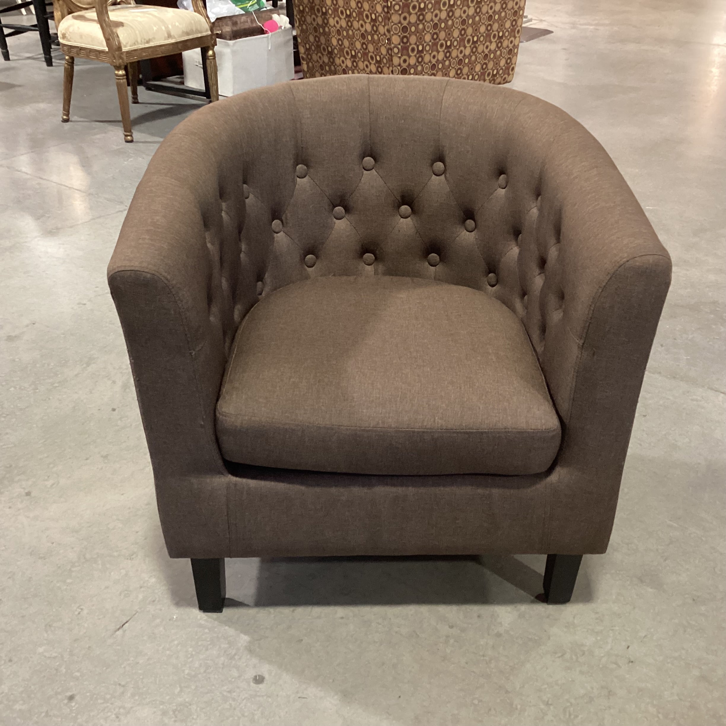 Brown Linen Button Tufted Barrel Chair 30"x 28"x 30"