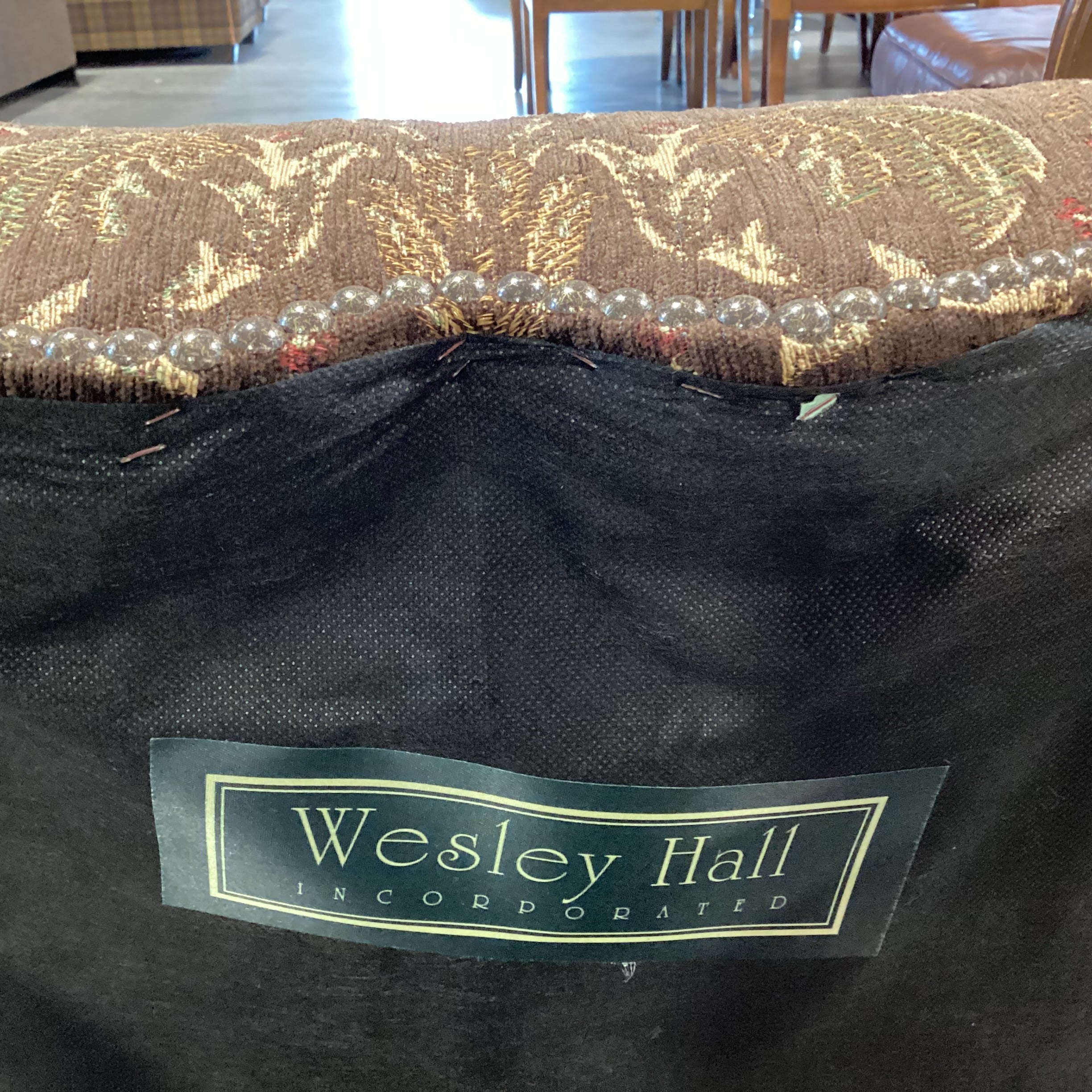 Wesley Hall Ornate Carved Wood & Brown Gold Floral Chair 33"x 33"x 53"