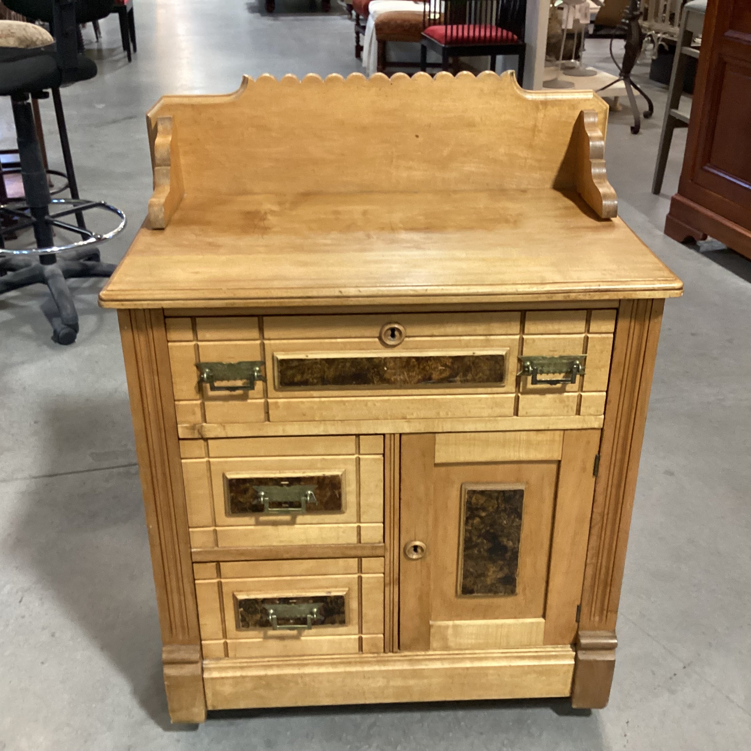 Antique Light Finish Carved Wood Burl Veneer Detail Dry Sink Chest 27.5"x 17"x 36"