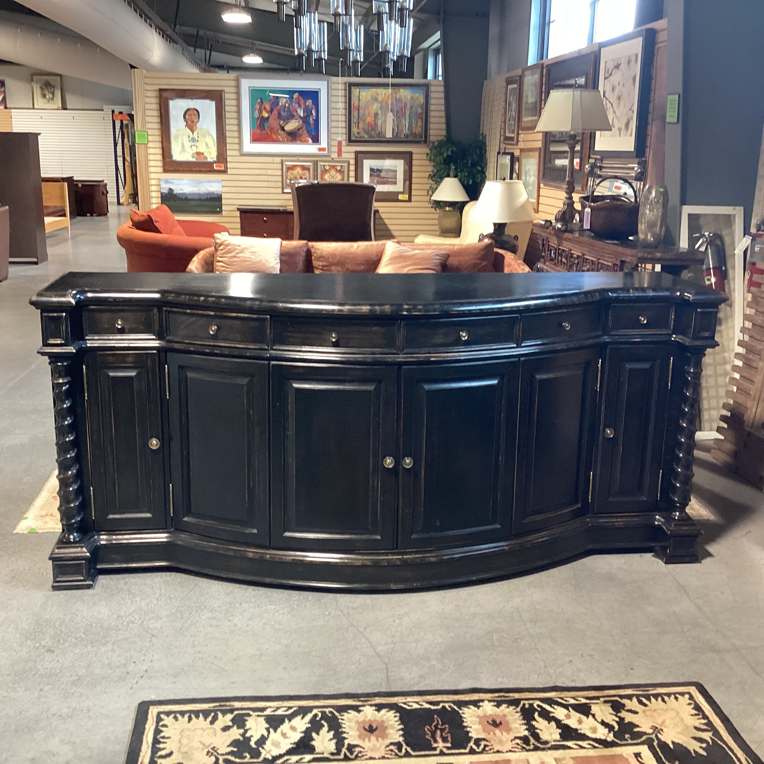 Antiqued Black Distressed Carved Wood 4 Door 6 Drawer Sideboard 96.5"x 27.5"x 42.5"