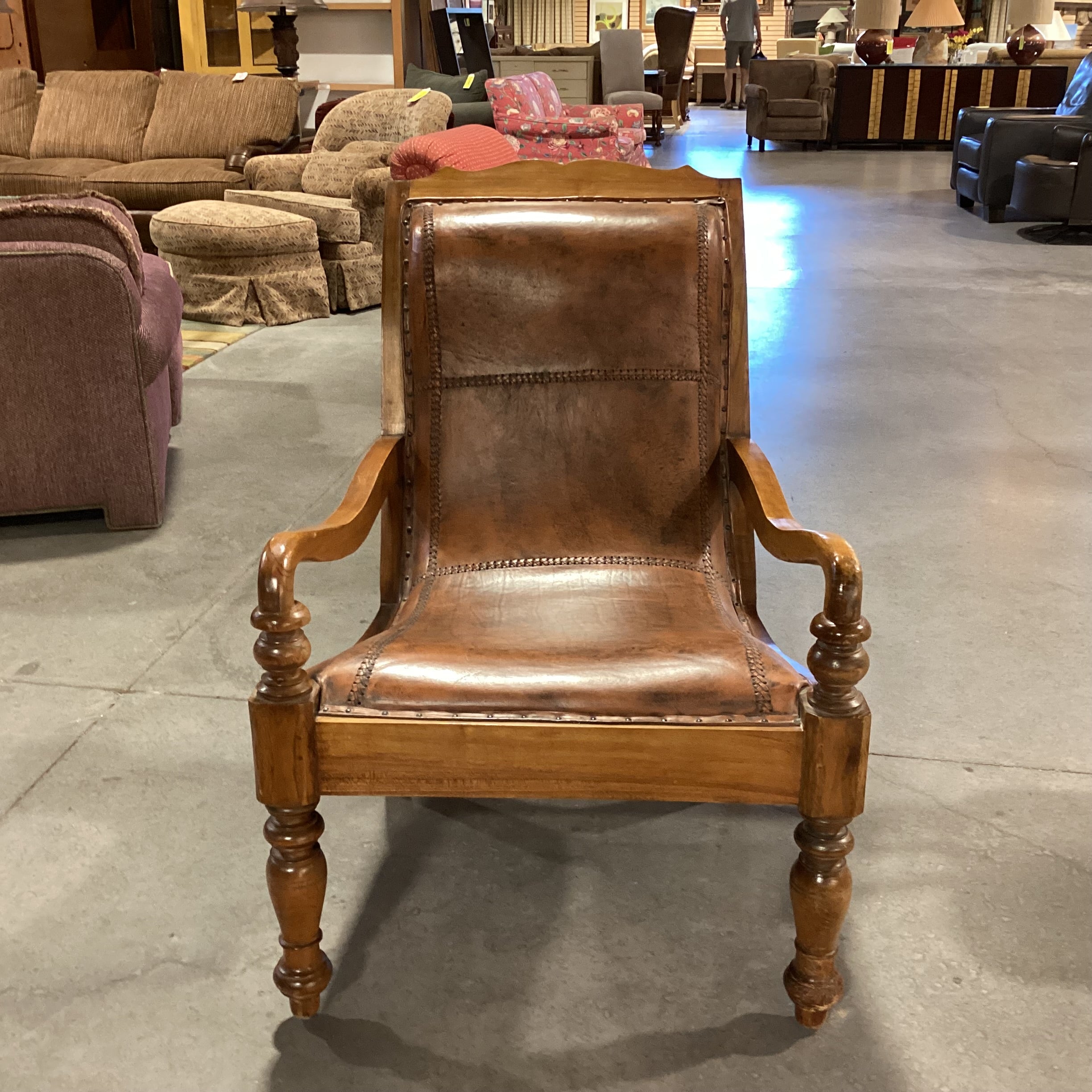 Carved Wood With Distressed Leather Nailhead Plantation Style Lounge Chair 29"x 34"x 39"