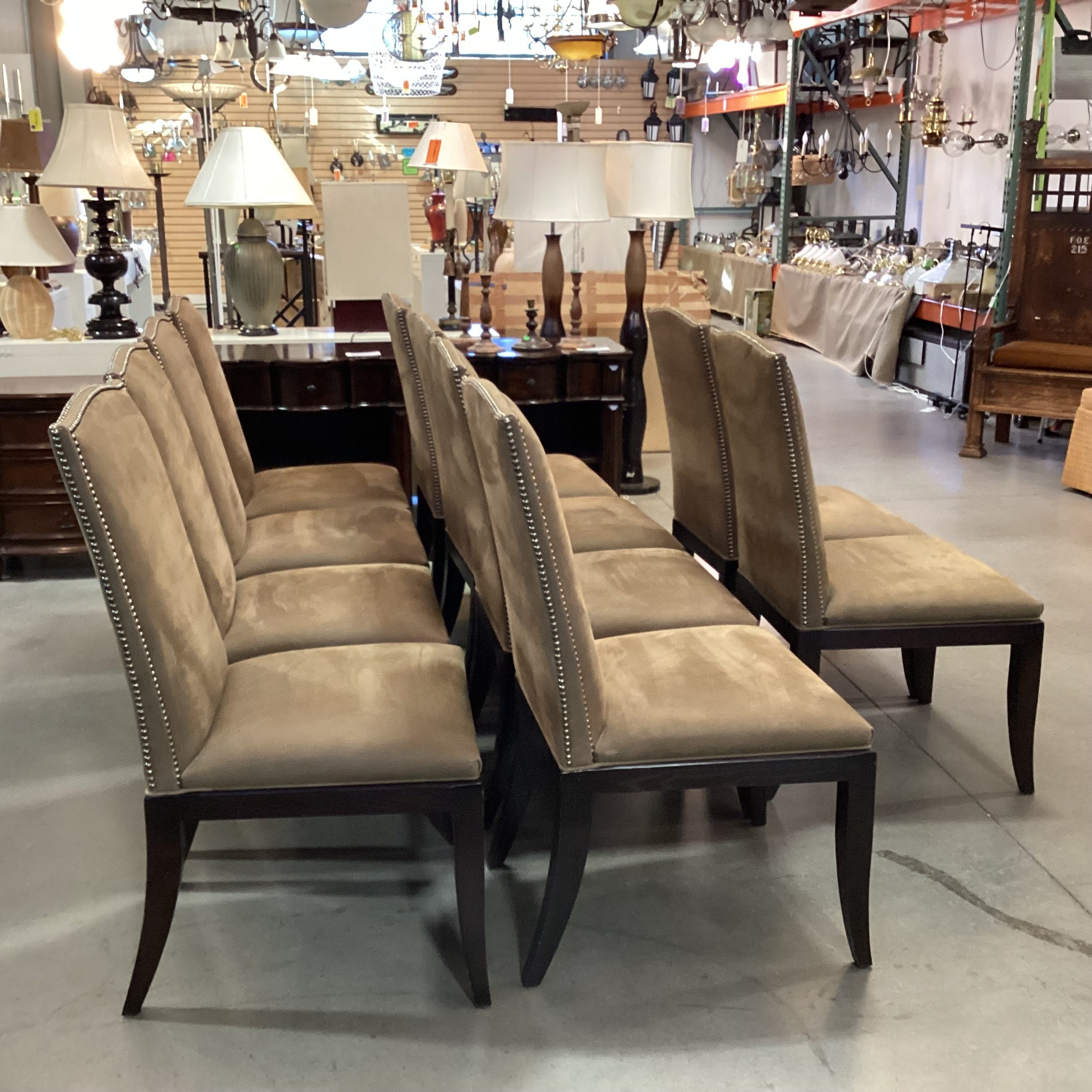 SET of 10 Hickory Chair Co Chelsea Brown Suede Nailhead & Dark Finish Wood Dining Chairs 22"x 25"x 42"
