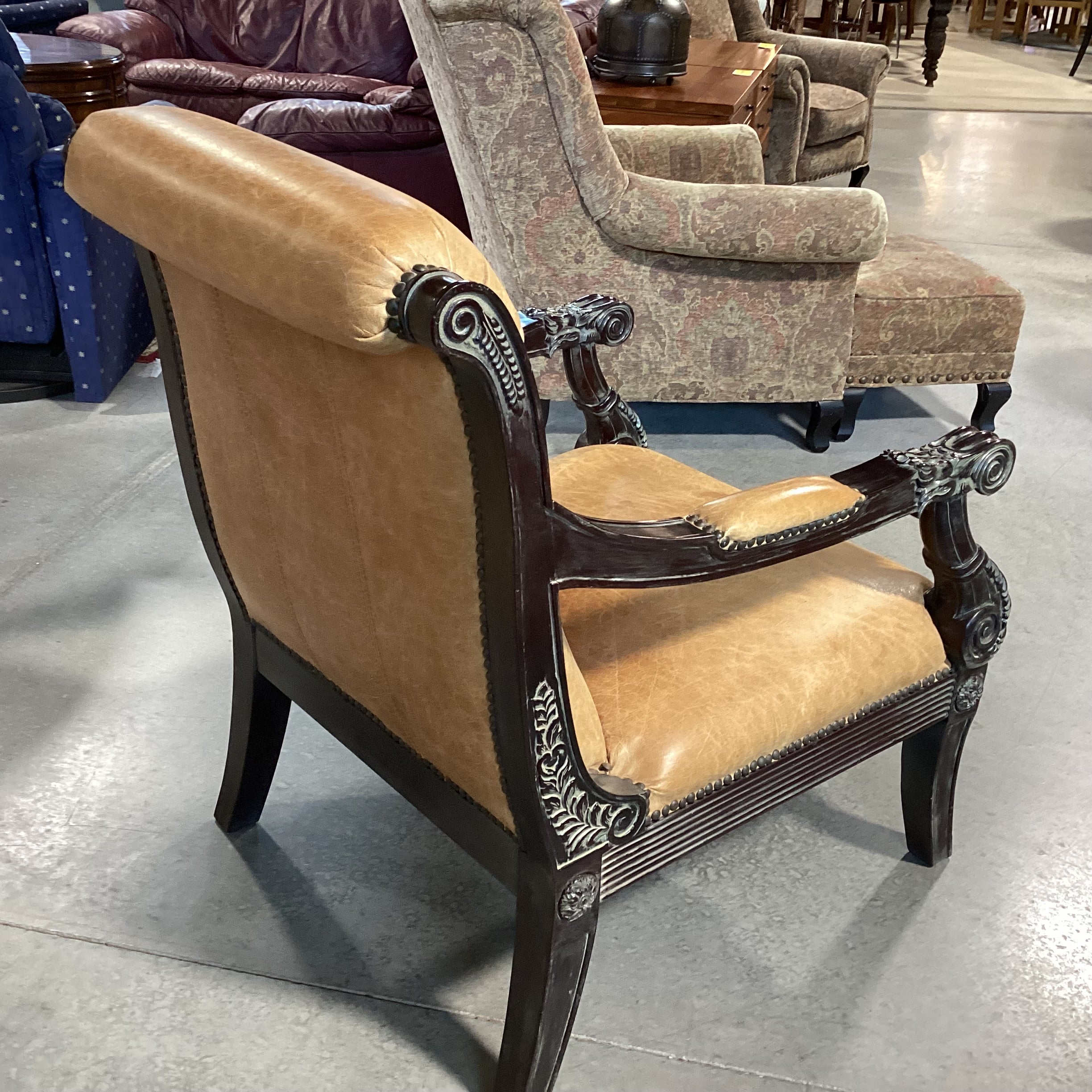 Ornate Dark Finish Carved Wood & Leather Chair 29"x 34"x 39"