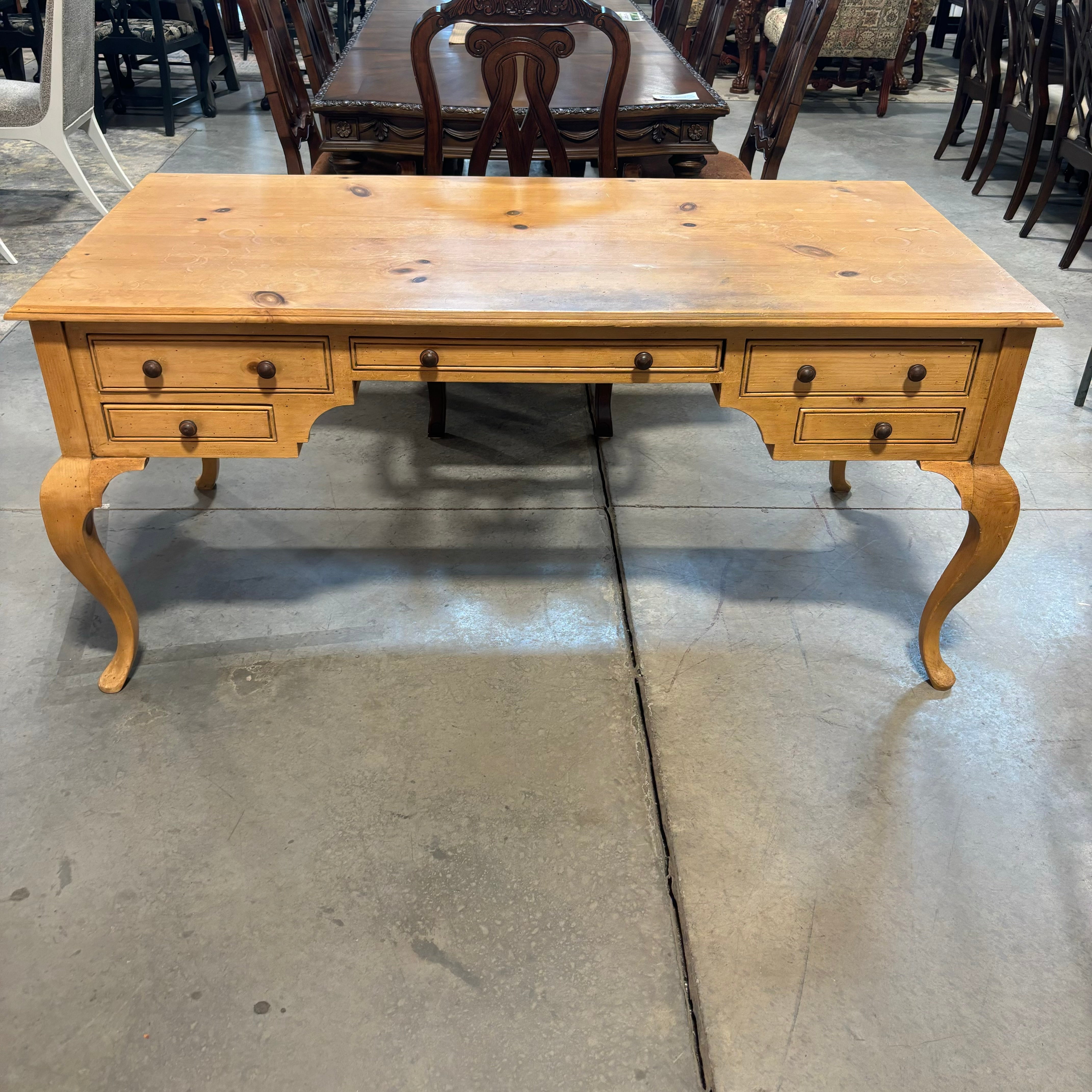 Vintage Ornate Carved Country Pine 5 Drawer Desk 66"x 33"x 30"