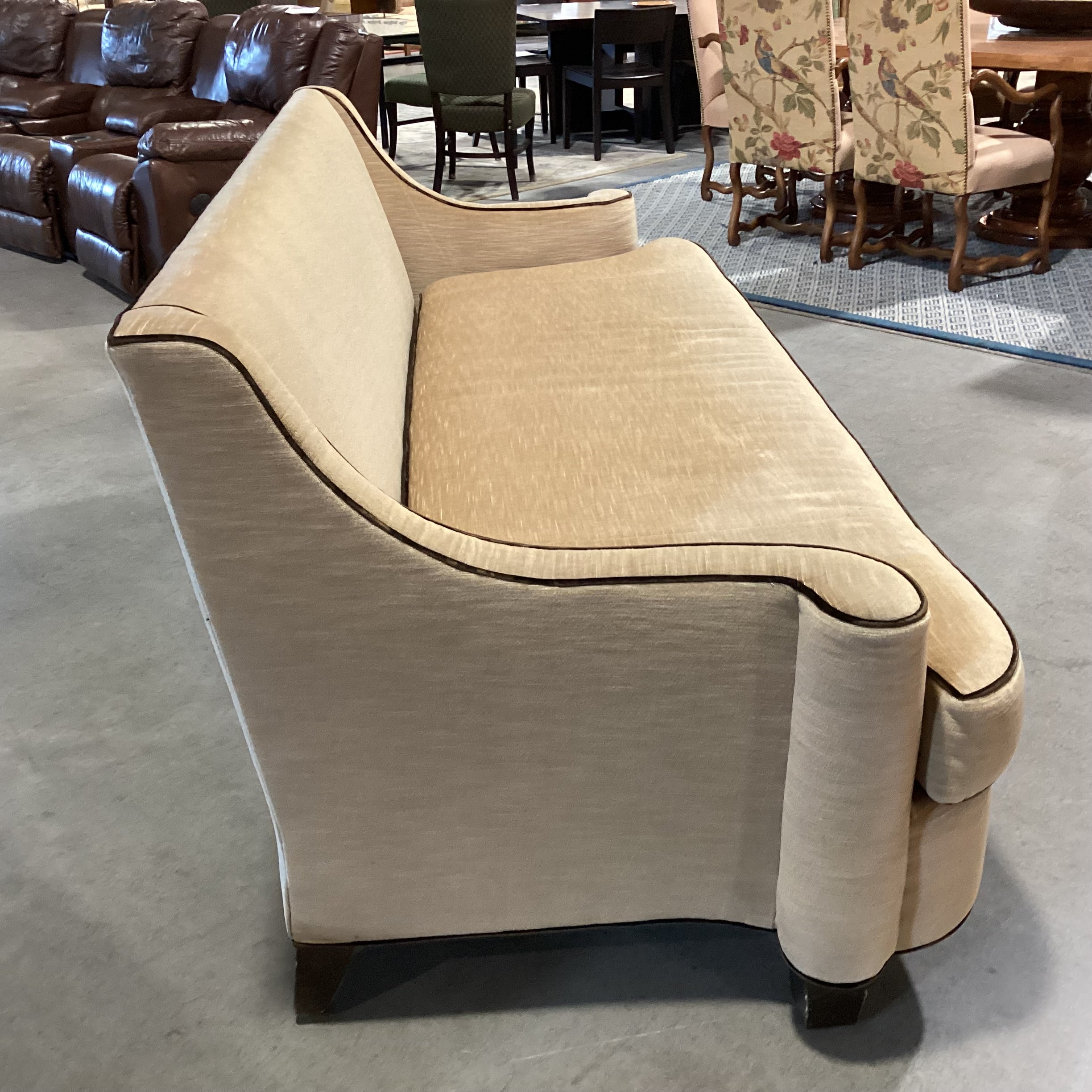 Golden Textured Velvet with Brown Velvet Piping Slope Roll Arm Custom Sofa 92.5"x 40"x 36"