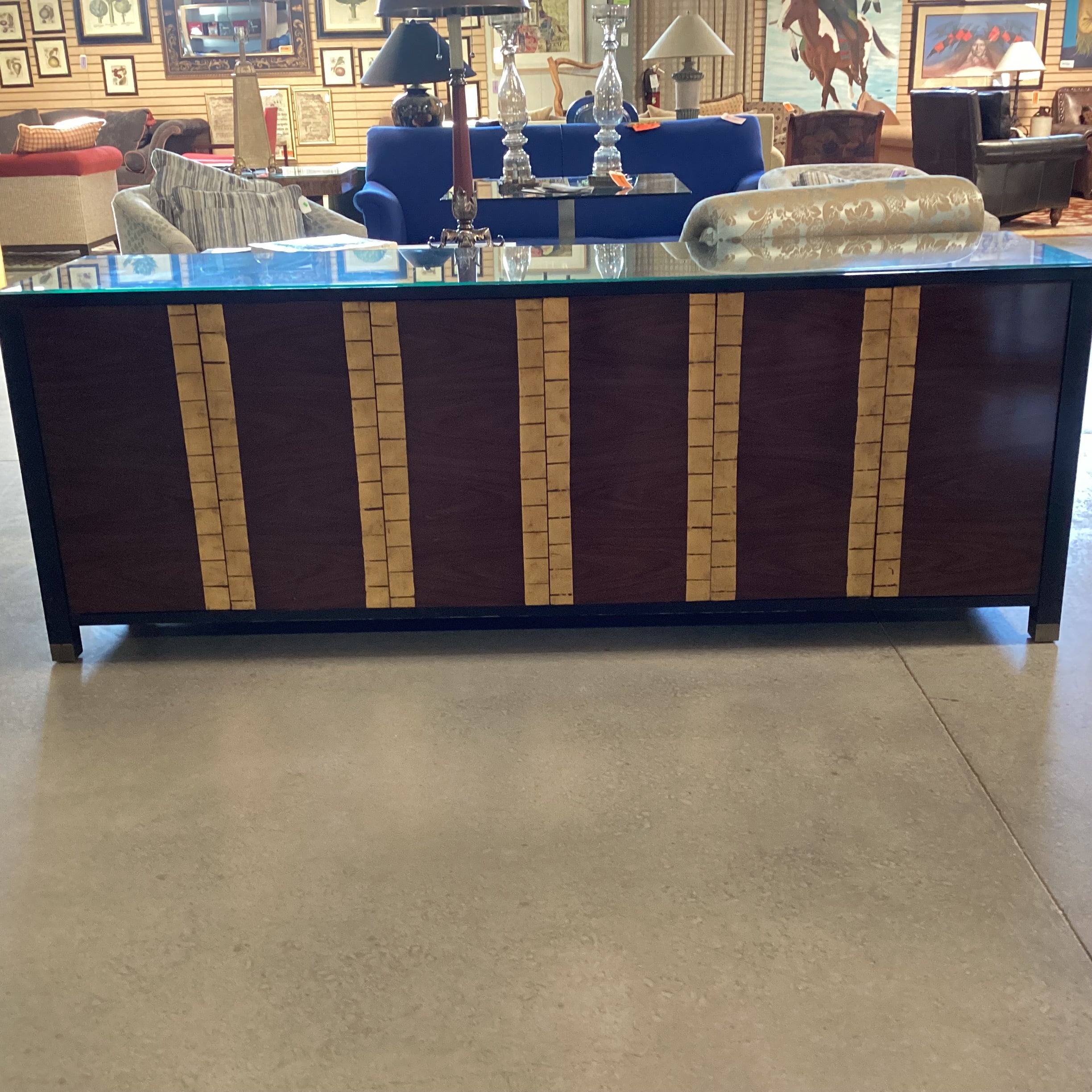 Bolier & Co Vintage Black Lacquer Dark Finished Wood Veneer & Gold Gilt 4 Door 6 Drawer & Shelves Credenza 82"x 21"x 30.5"