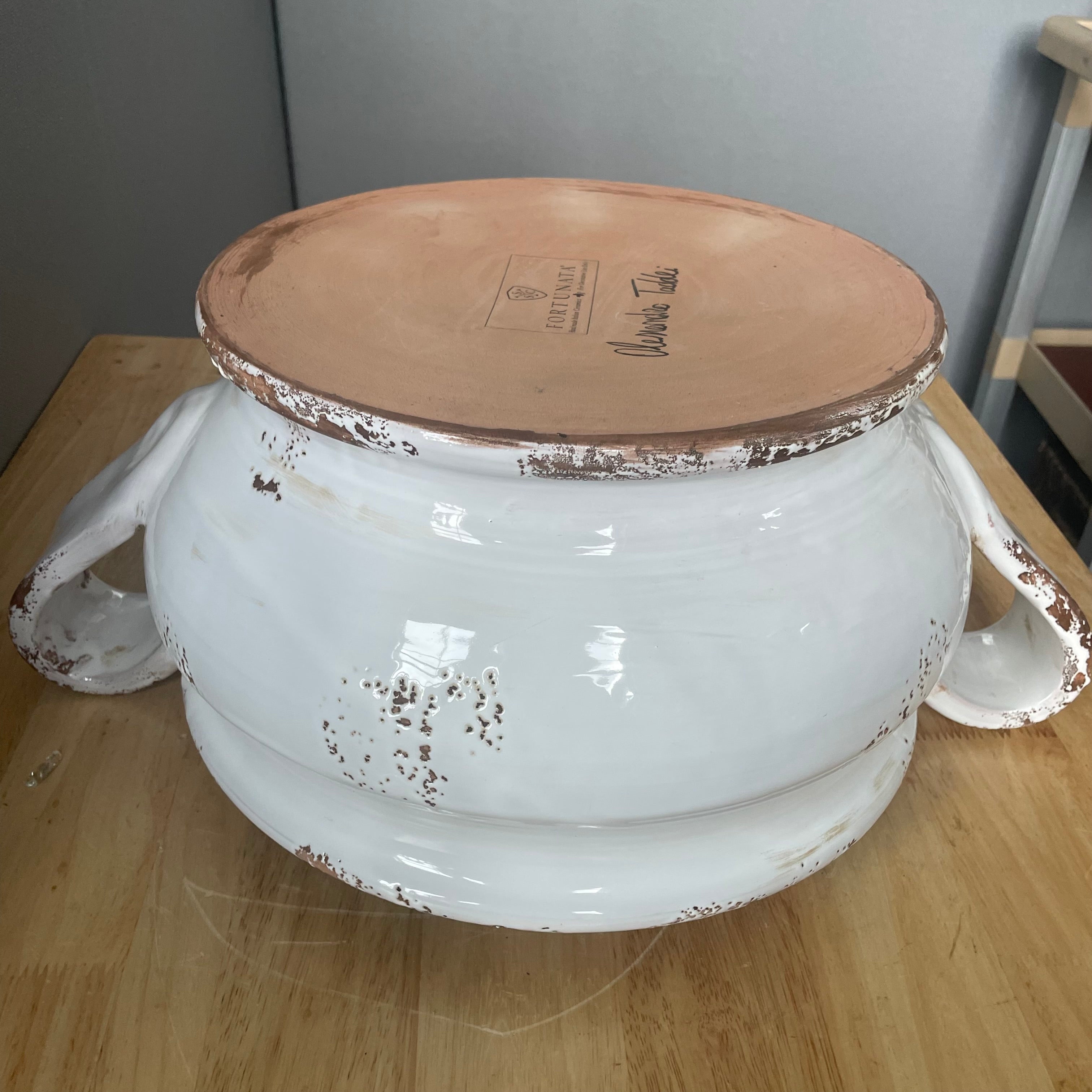 Alessandro Taddei Signed Fortunata Distressed White Glazed Ceramic Footed Bowl w/Handles, Made in Italy