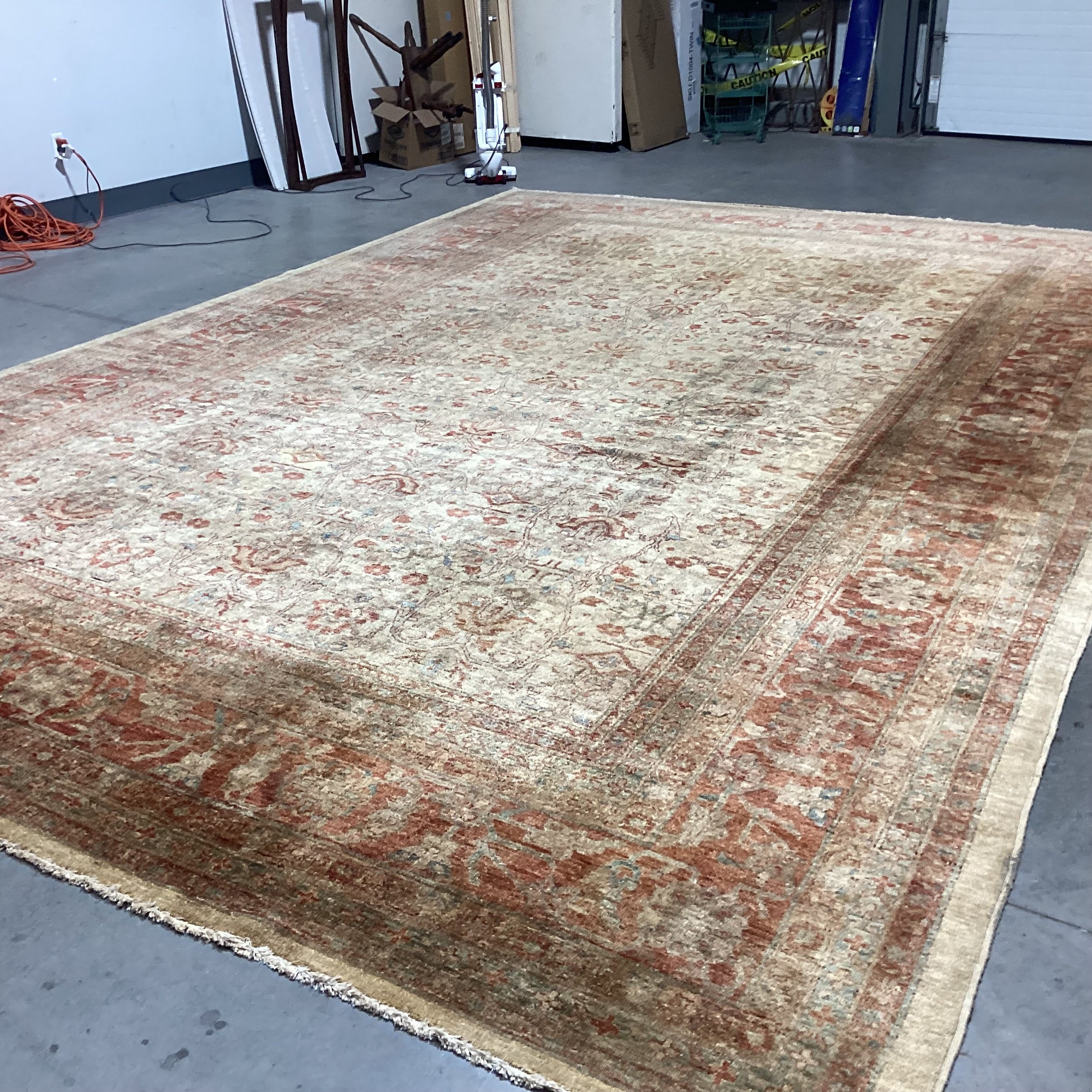 Golden Tan Rust & Blue Hand Woven Wool Rug 12'x 18'