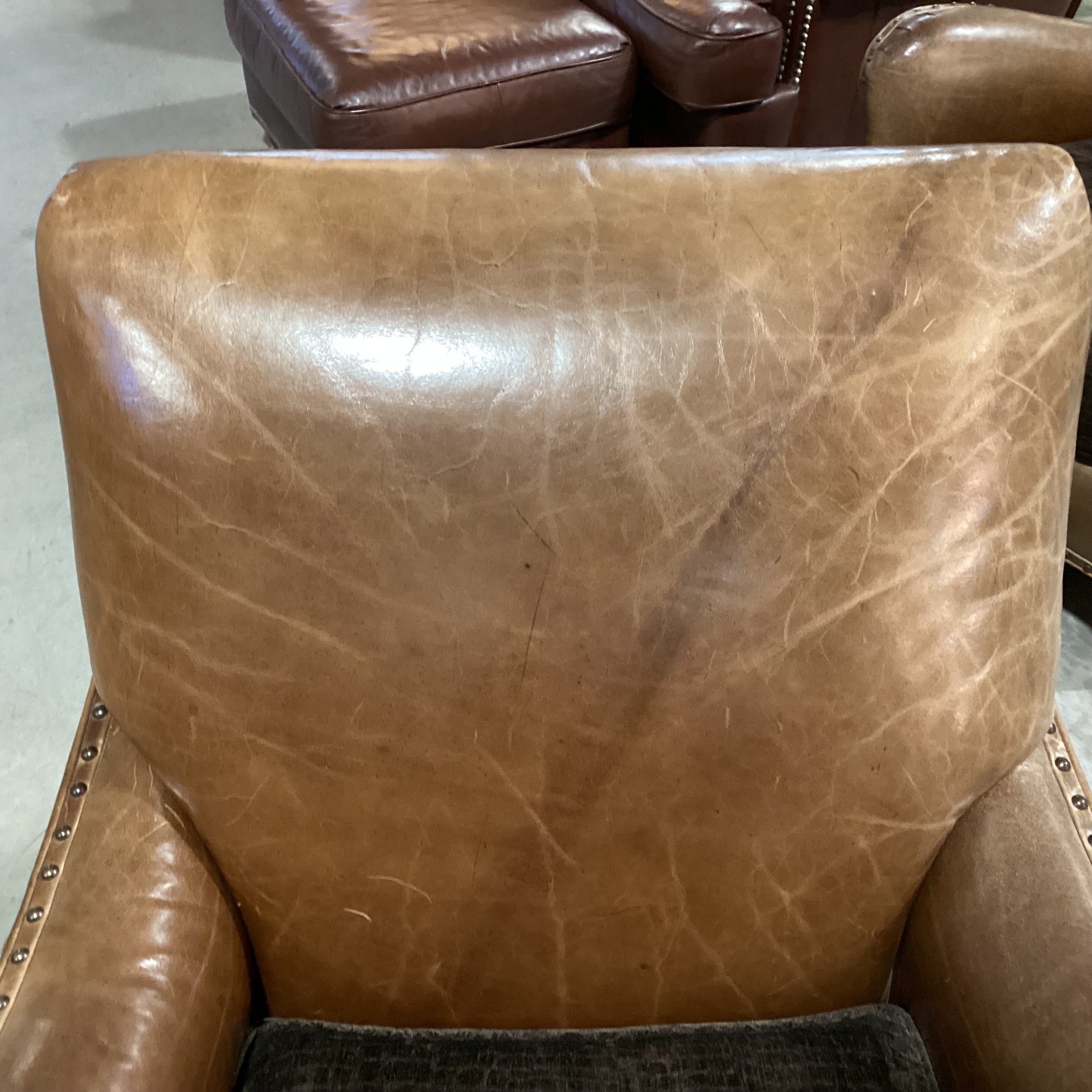 Westley Hall Collection Distressed Leather Nailhead with Brown Upholstered Seat Cushion Chair 31"x 38"x 34"
