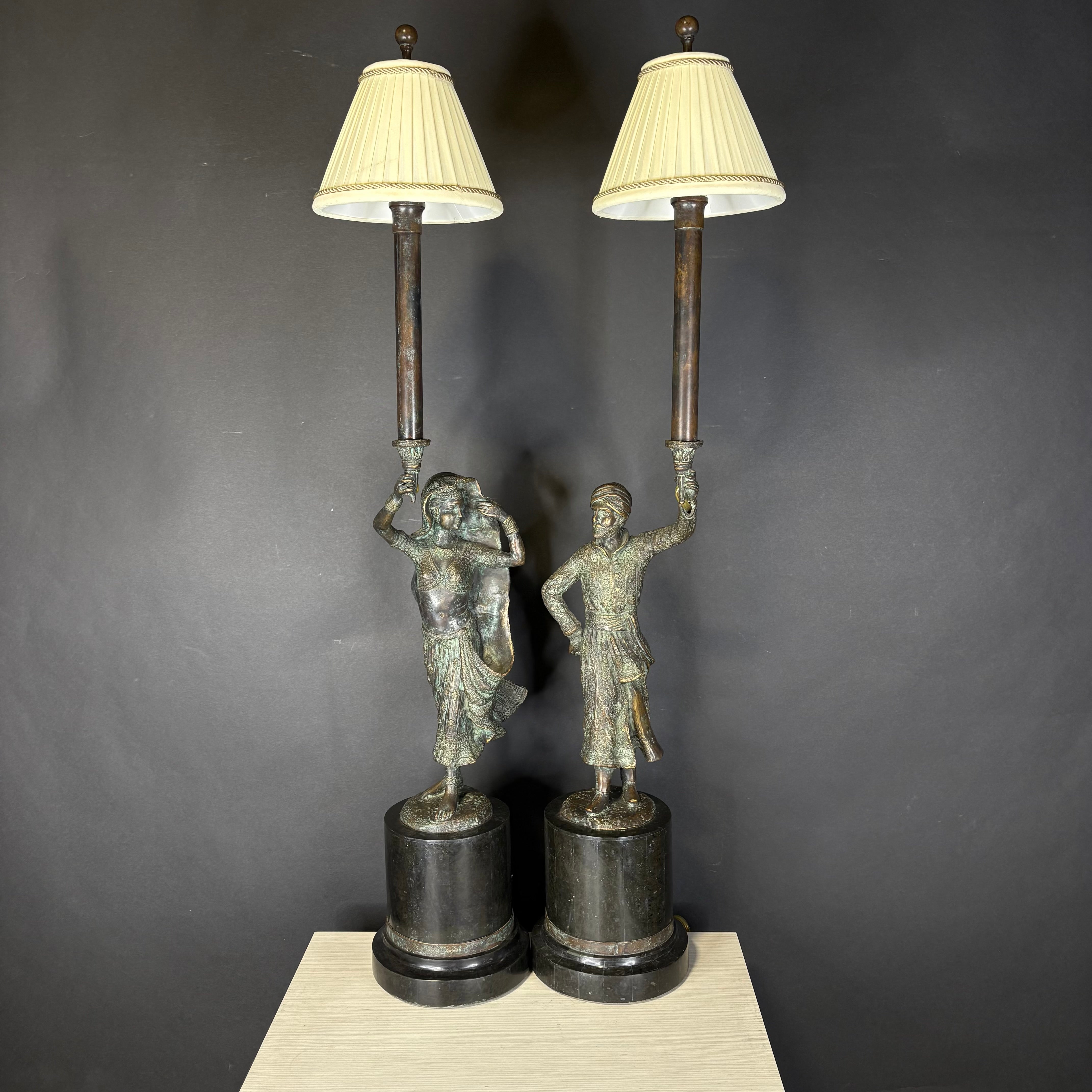 PAIR Aged Bronze Man and Woman Figurines Candlestick with Shade Table Lamp 10”x 7”x 38”
