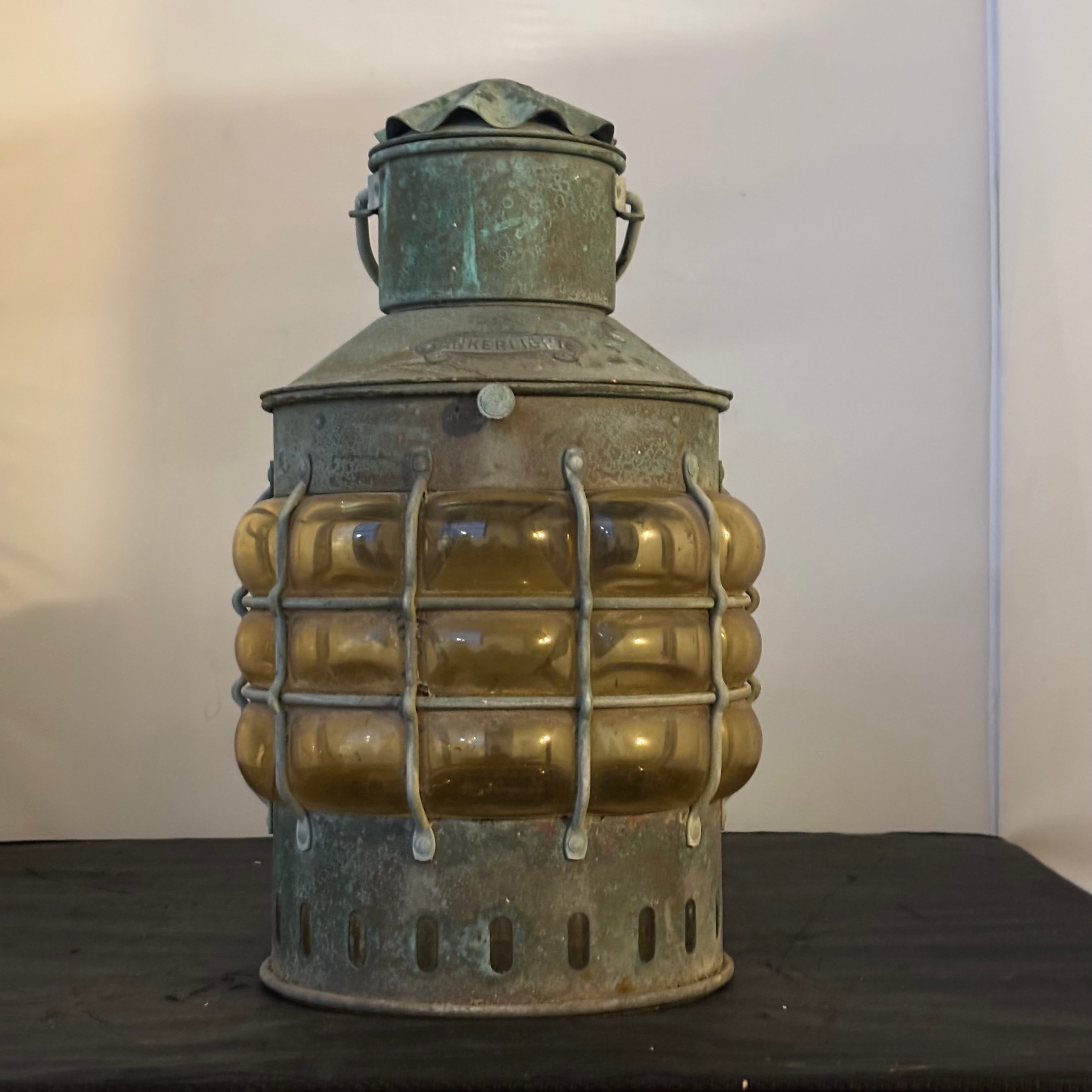 Vintage Ankerlicht Amber Bubble Glass Copper Ship's Lantern, 9" x 14"