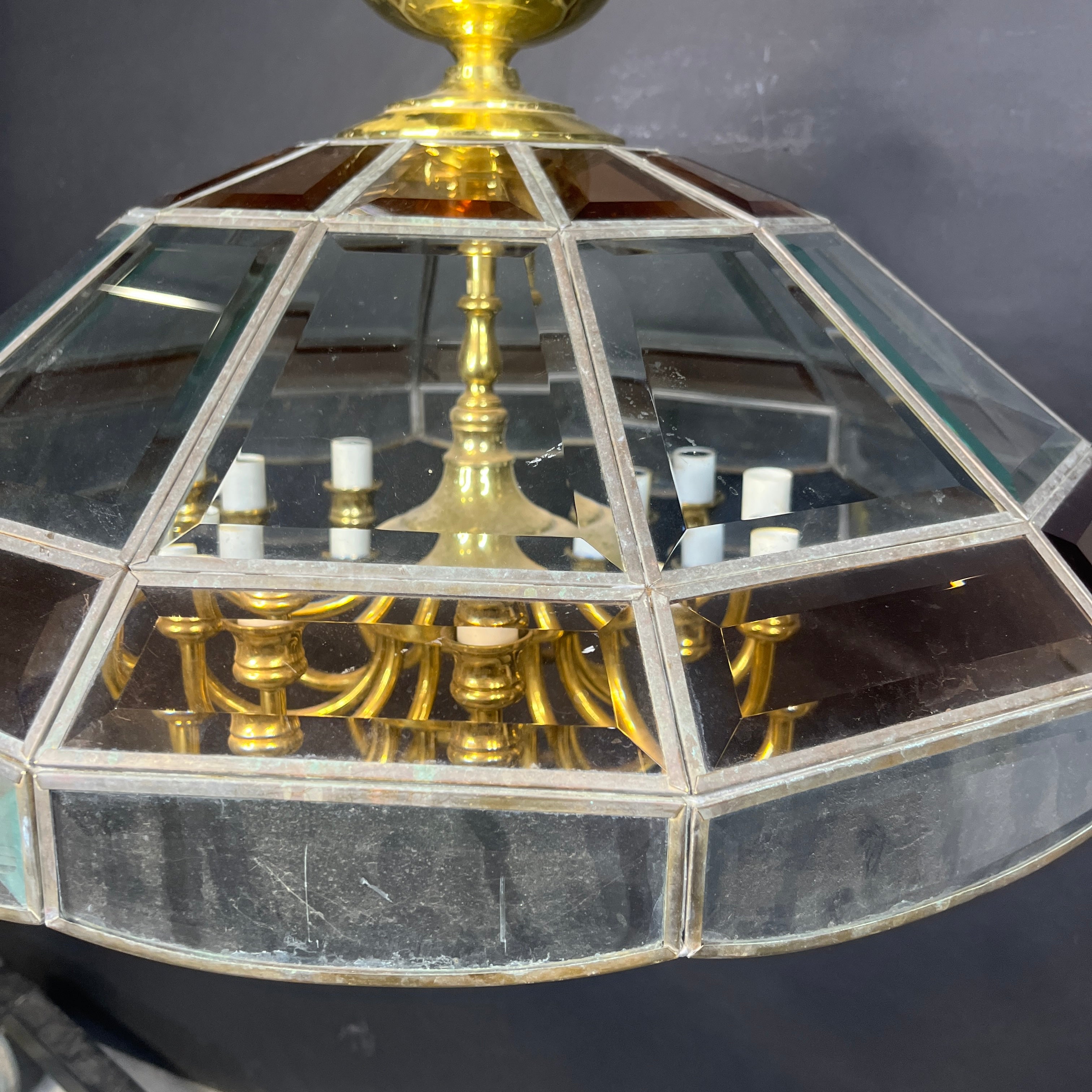 Vintage 12-Light 2-Tone Beveled Glass and Brass Ceiling Pendant 23.5” Diameter x 54”