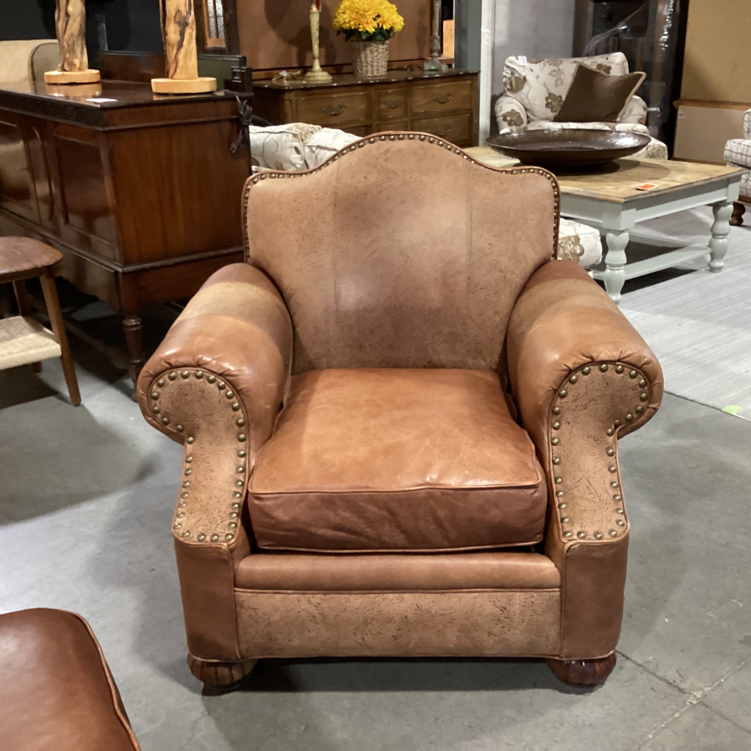 Bab Timberlake for Lexington Leather Nailhead Embossed Detail with Ottoman Chair 39"x 39"x 36"