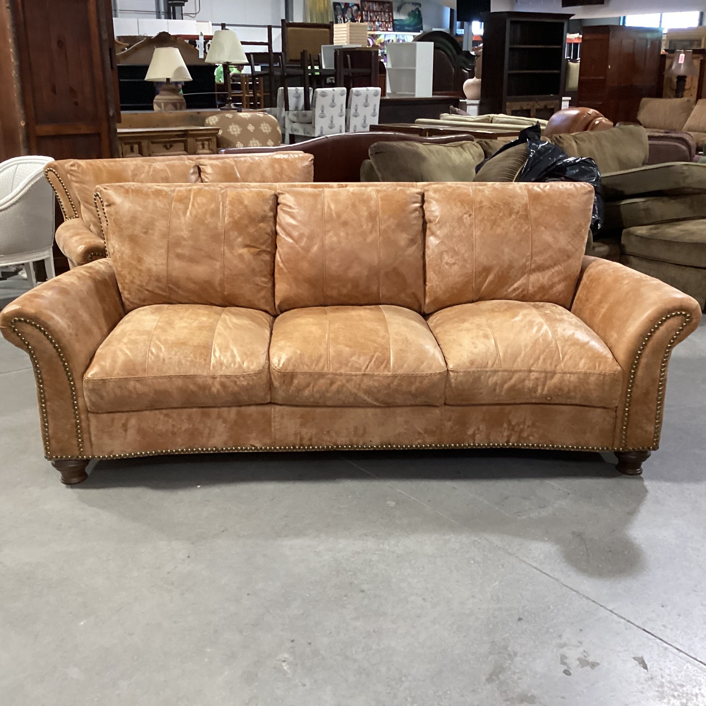 Tan Distressed Leather Nailhead with Curved Arm & Back Sofa 88"x 40"x 34"