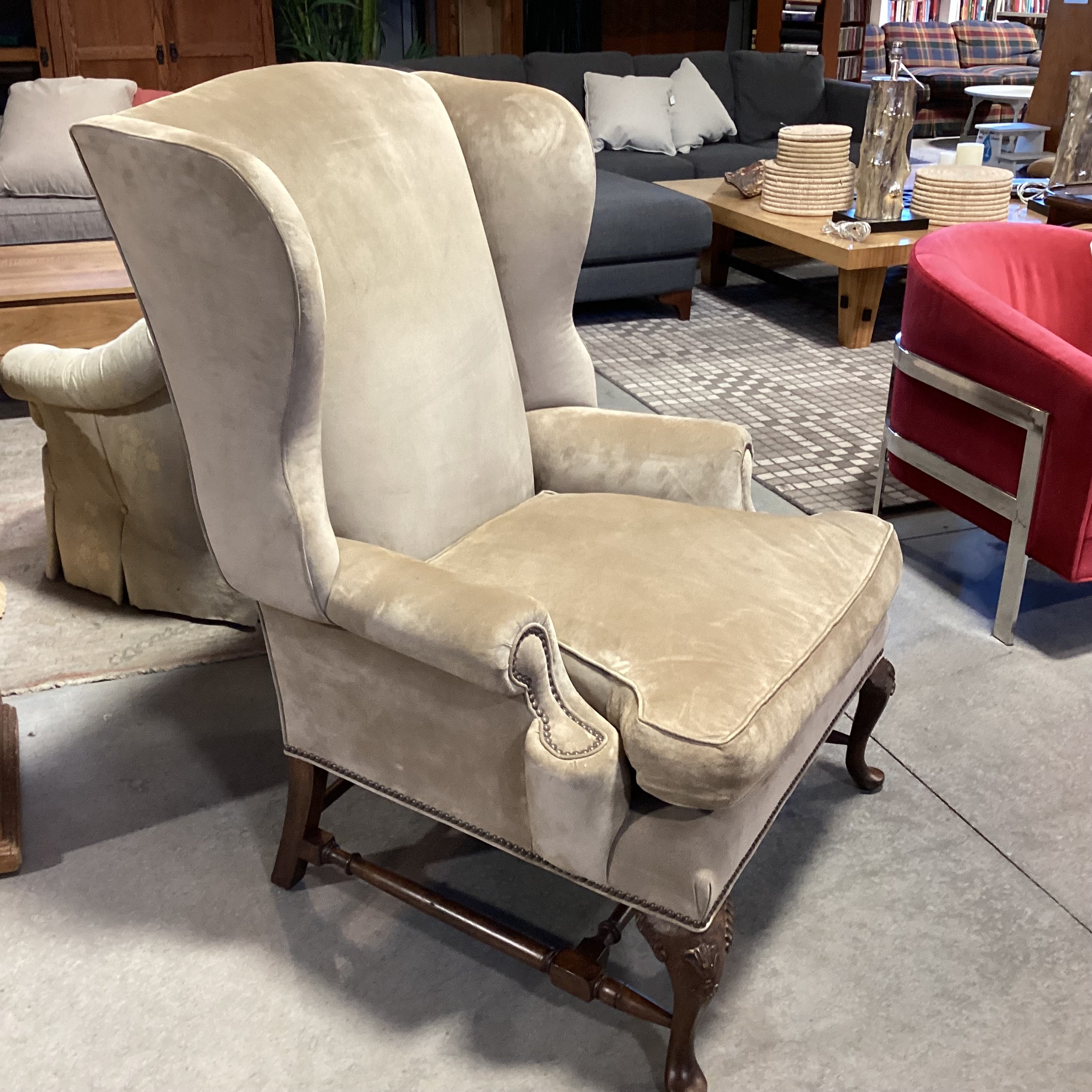 JJ Custom Beige Tan Suede Nailhead Down Mix & Carved Wood Wing Chair 36"x 36"x 47"