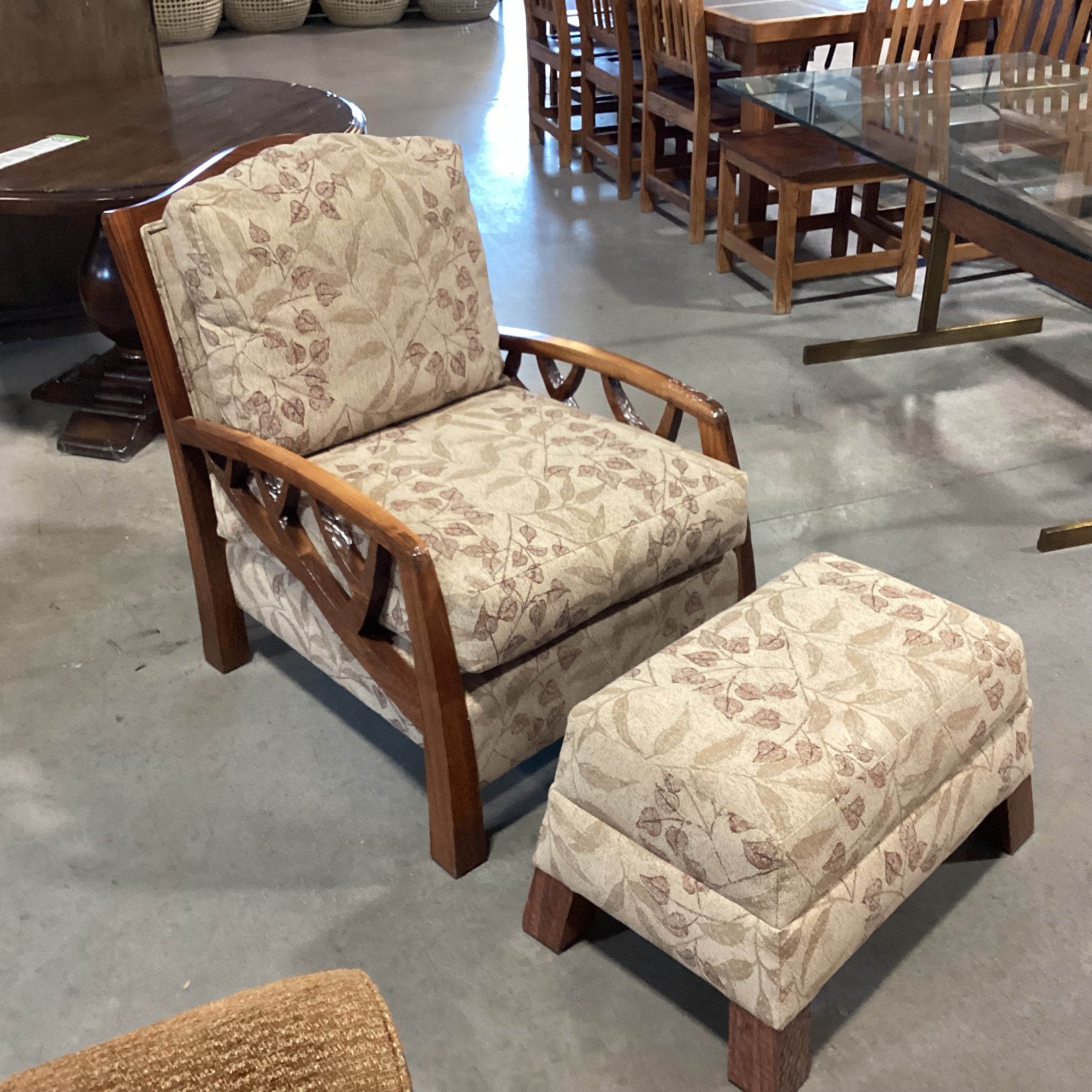 Arts & Crafts Style Carved Wood Divet & Branch Detail Brown & Tan Leaf Upholstered with Ottoman Chair 27"x 38"x 36"