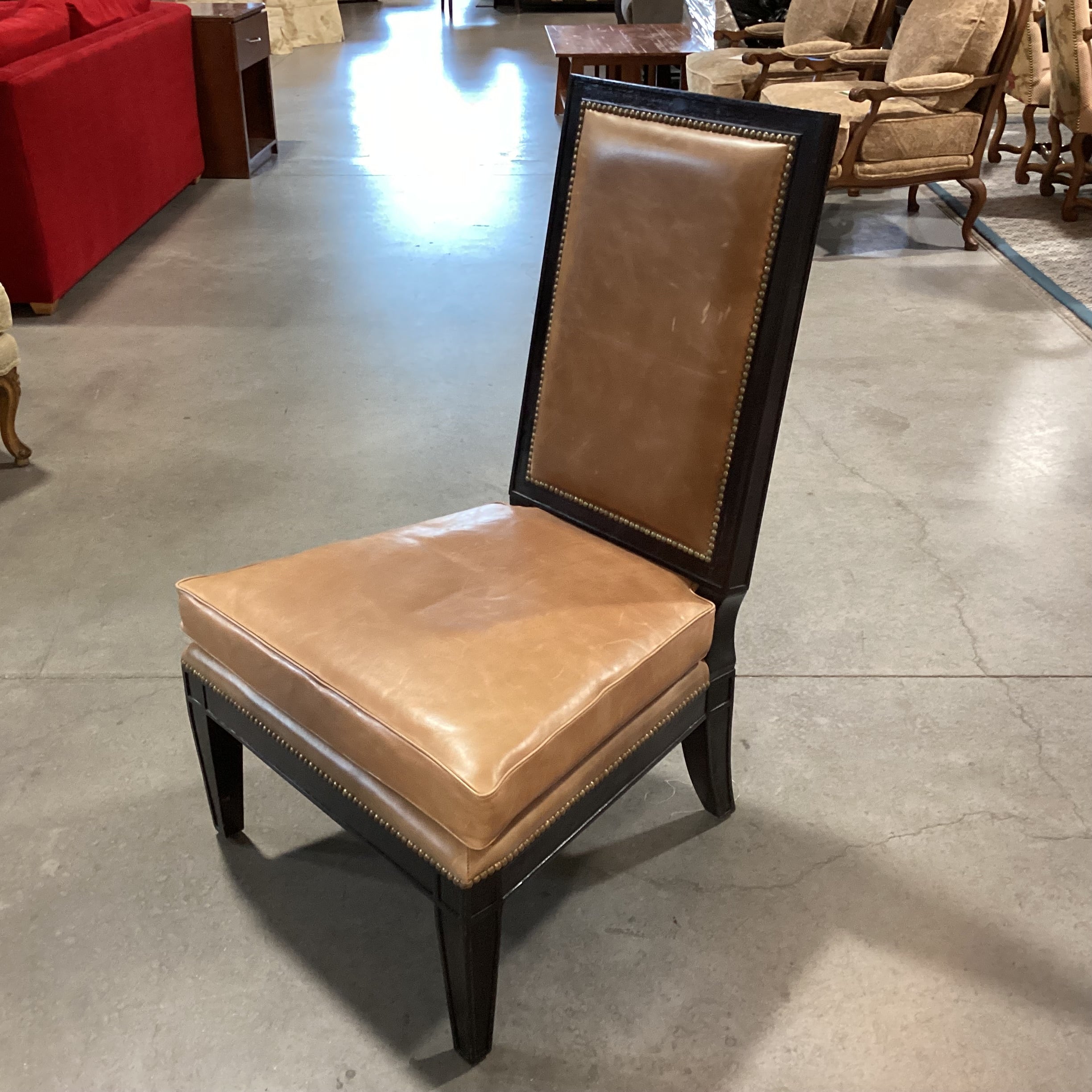 Tan Leather Nailhead & Black Wood Slipper Chair 27"x 27"x 42"