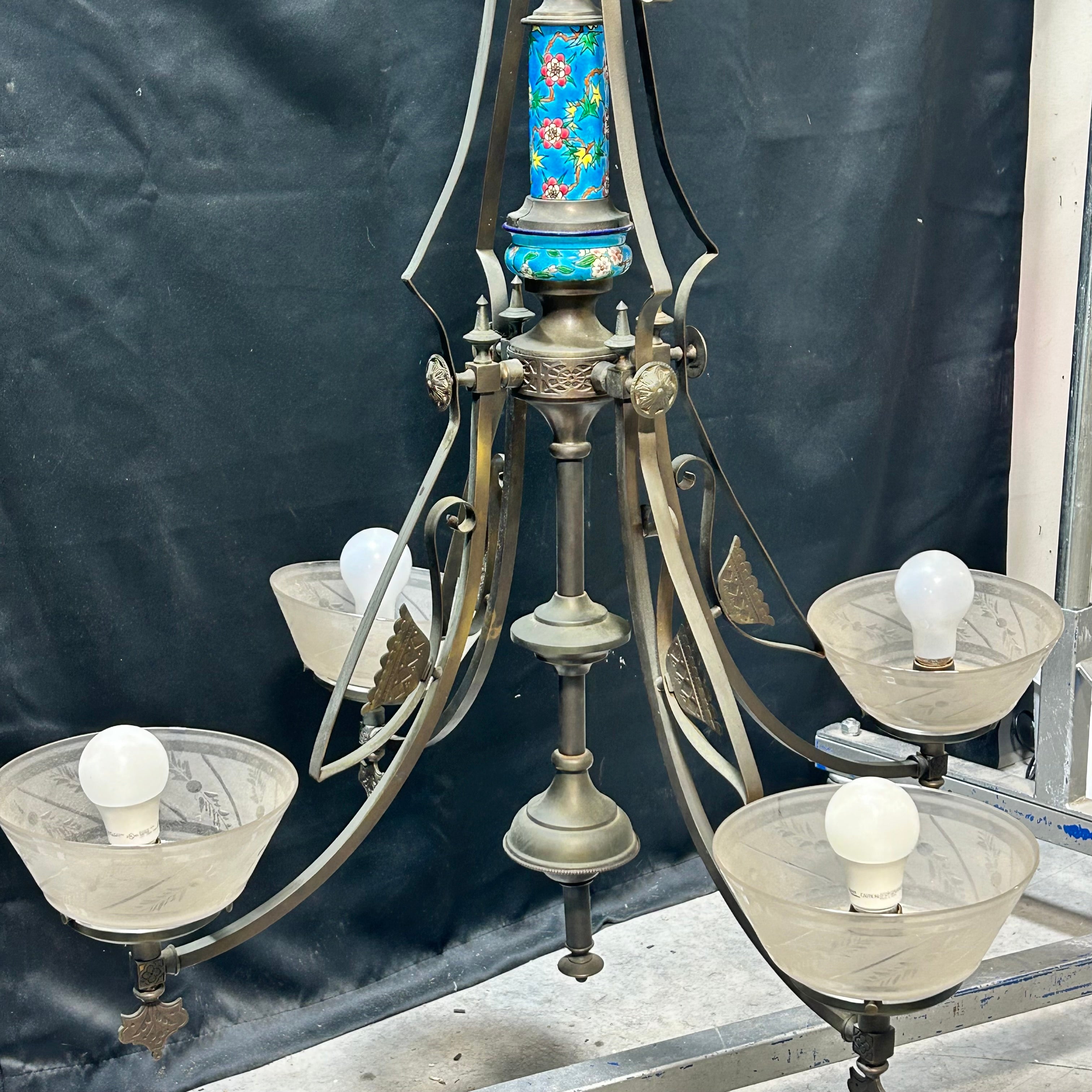 4-Light Aesthetic Eastlake Gas Chandelier Circa 1870  With Ceramic and Etched Glass 33"x 57"