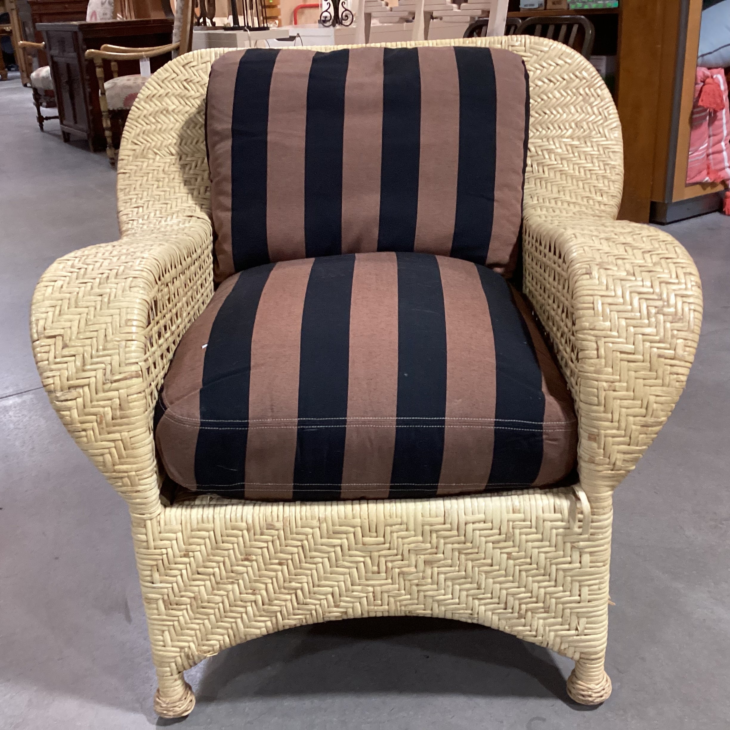 Rattan Wicker & Black Brown Stripe Down Cushions Chair 36"x 31"x 34"Chair