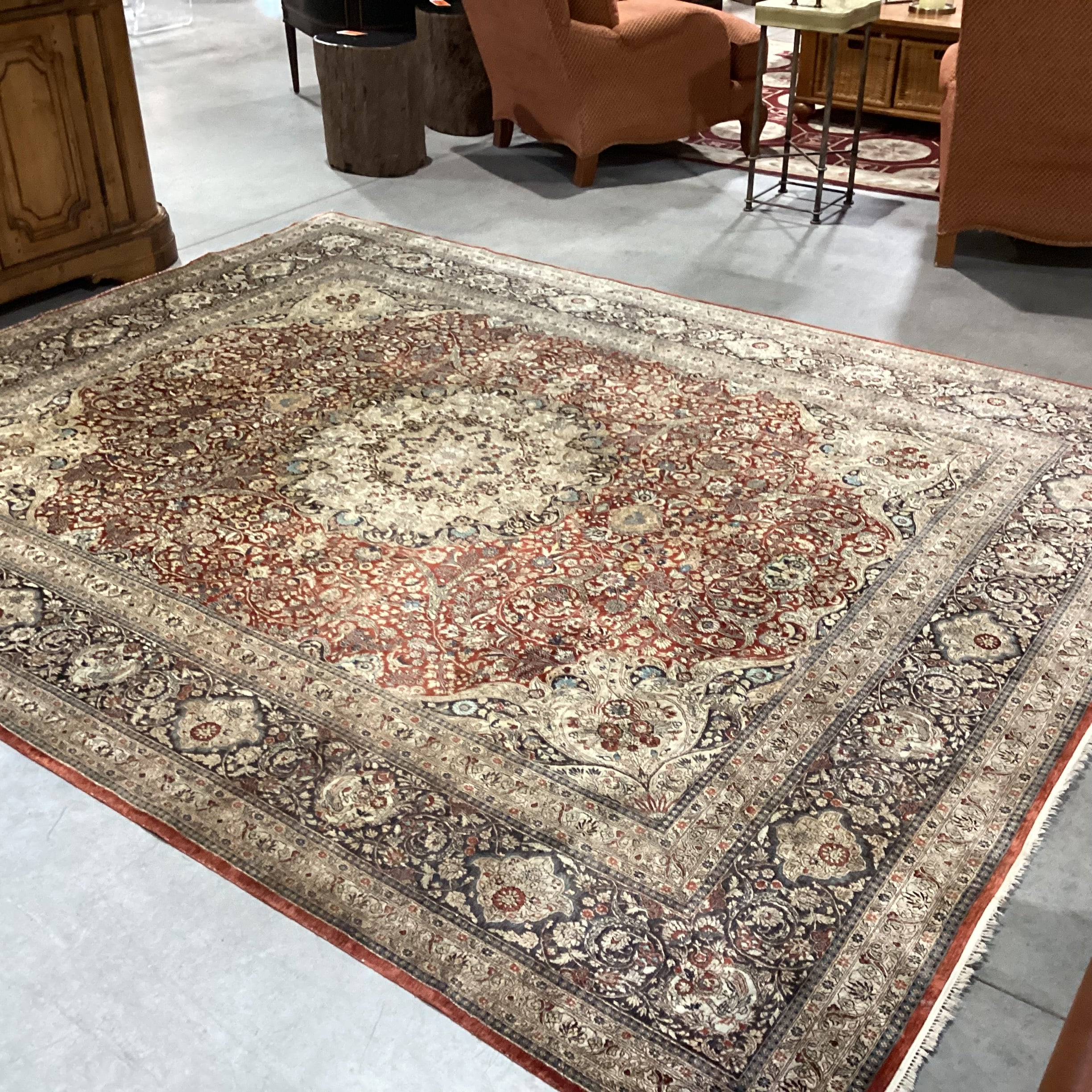 Persian Cream Rust Red Black & Blue Hand Woven Silk Rug 8'1"x 10'1"