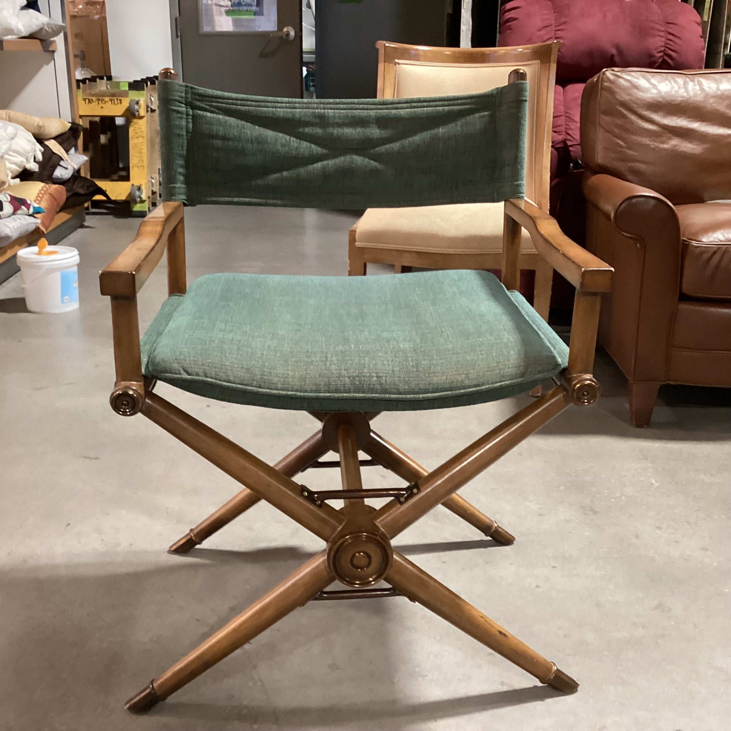 Vintage Kreiss Green Woven Finished Wood with Copper Finished Brass Accent Director Chair 26"x 24"x 33"