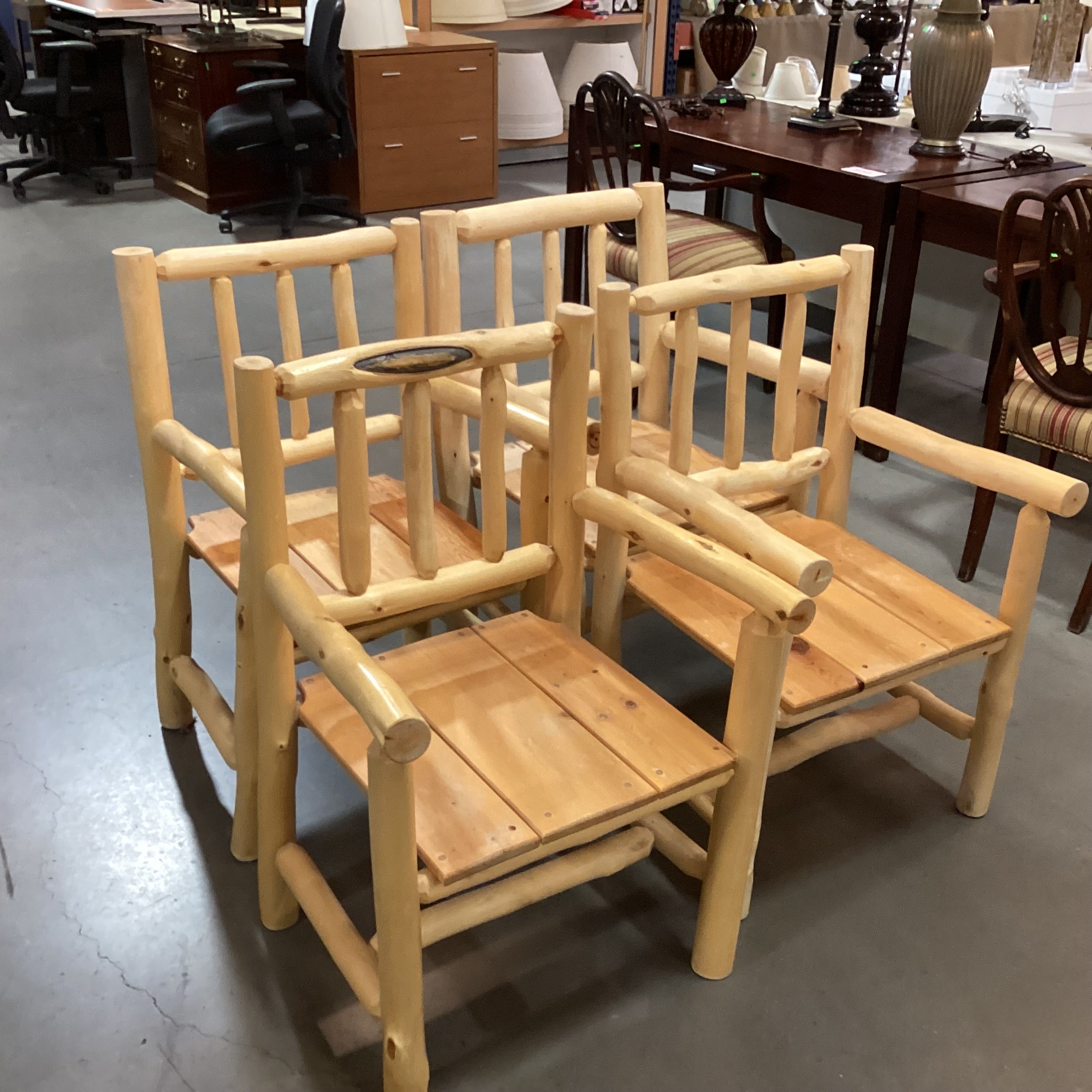 SET of 4 Natural Peeled Log with Plank Seat Armed Dining Chairs 23"x 22"x 36"