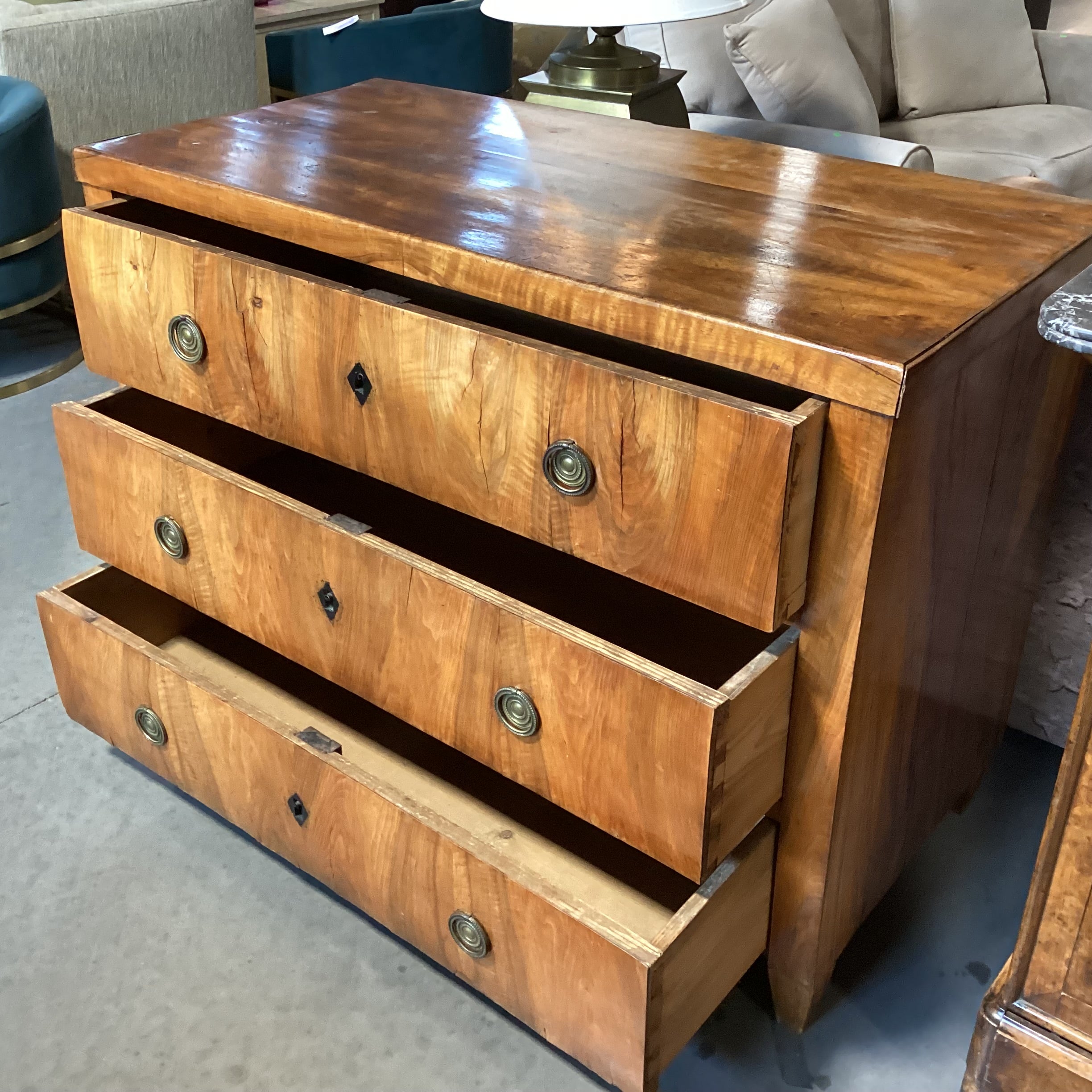 Antique Wood & Veneer 3 Drawer Keyhole Accent Chest 48.5"x 23"x 35.5"