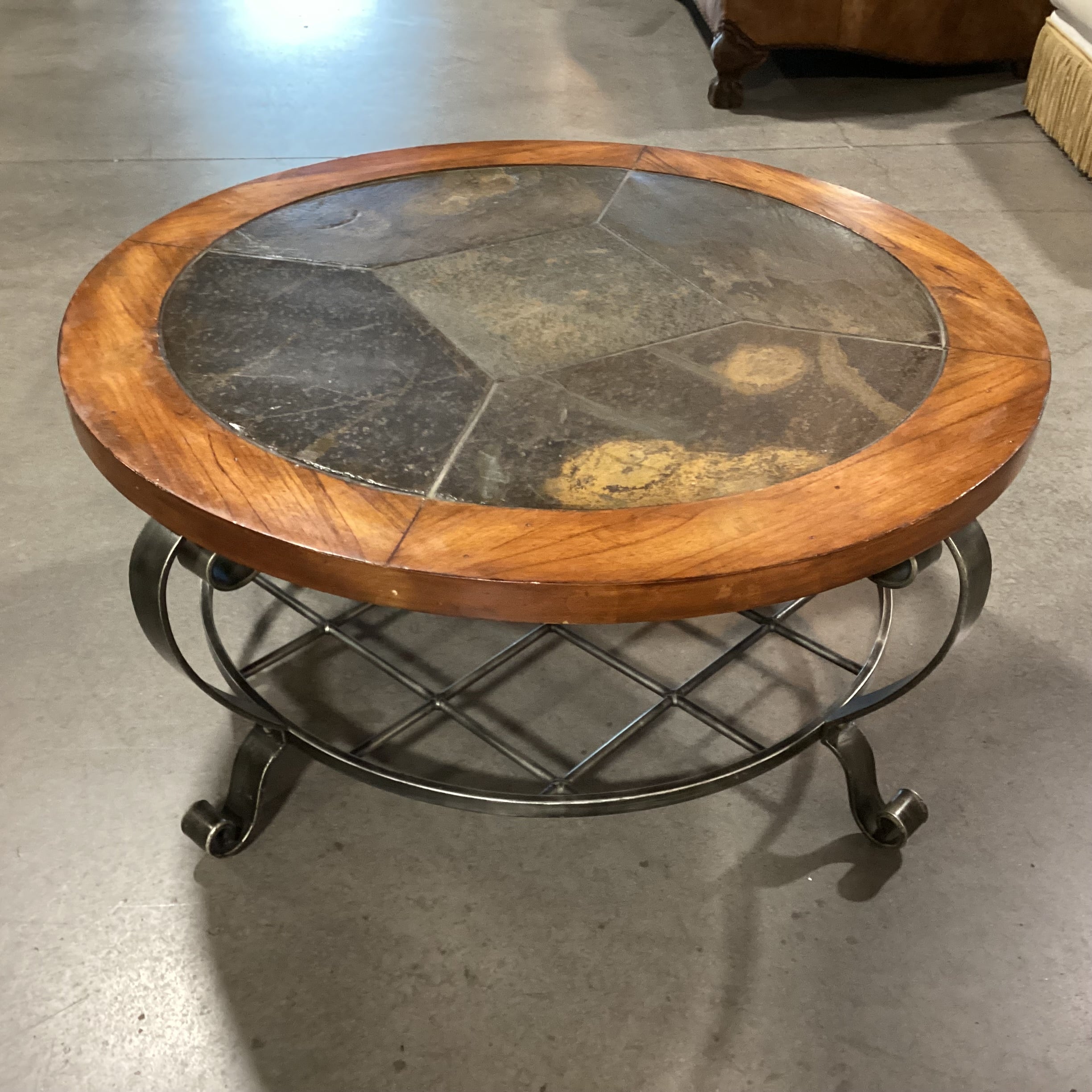 Round Wood Inset Slate Tile & Ornate Metal Base Coffee Table 42" Diameter x 20"