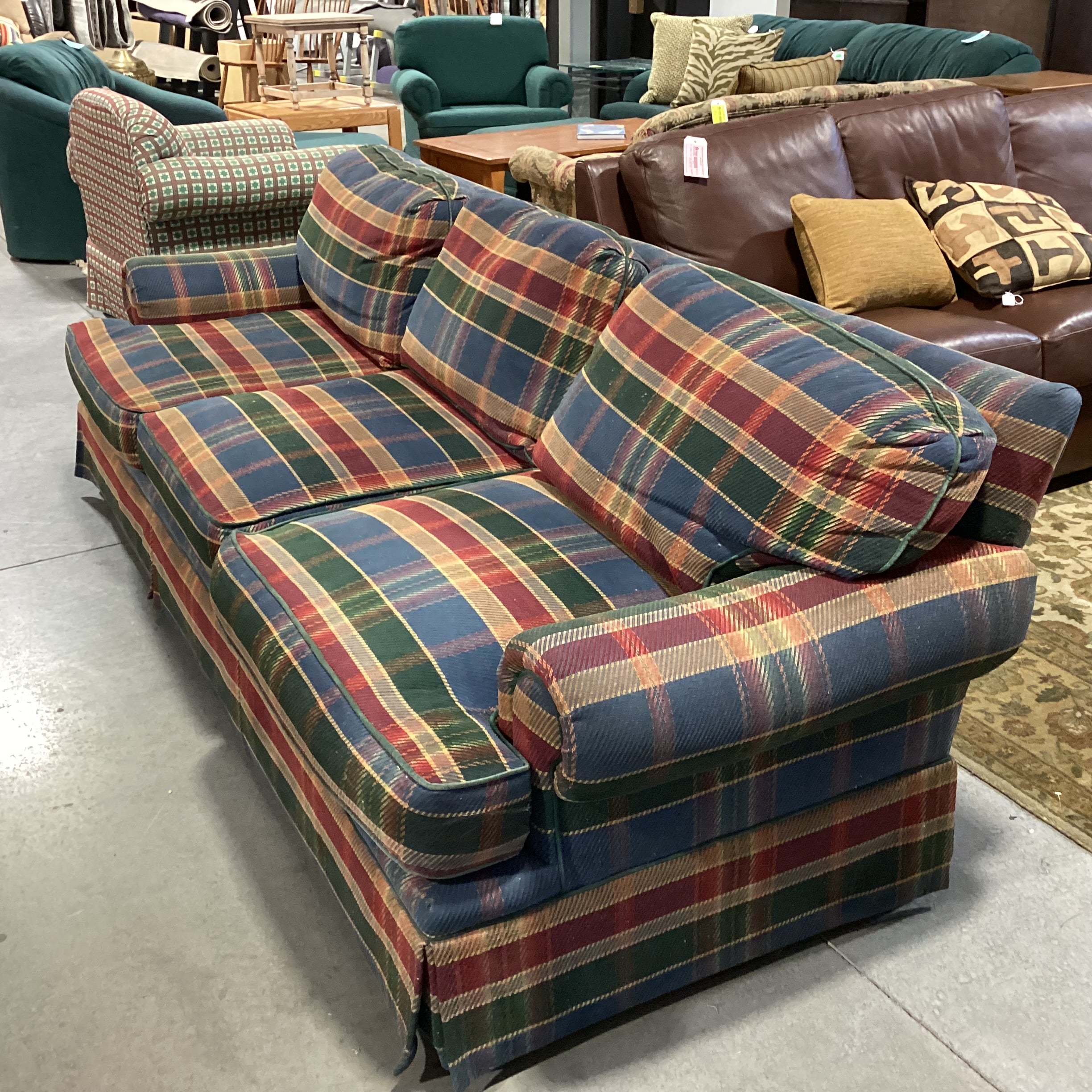 Blue Green Red Gold Plaid Sofa 98"x 38"x 31"