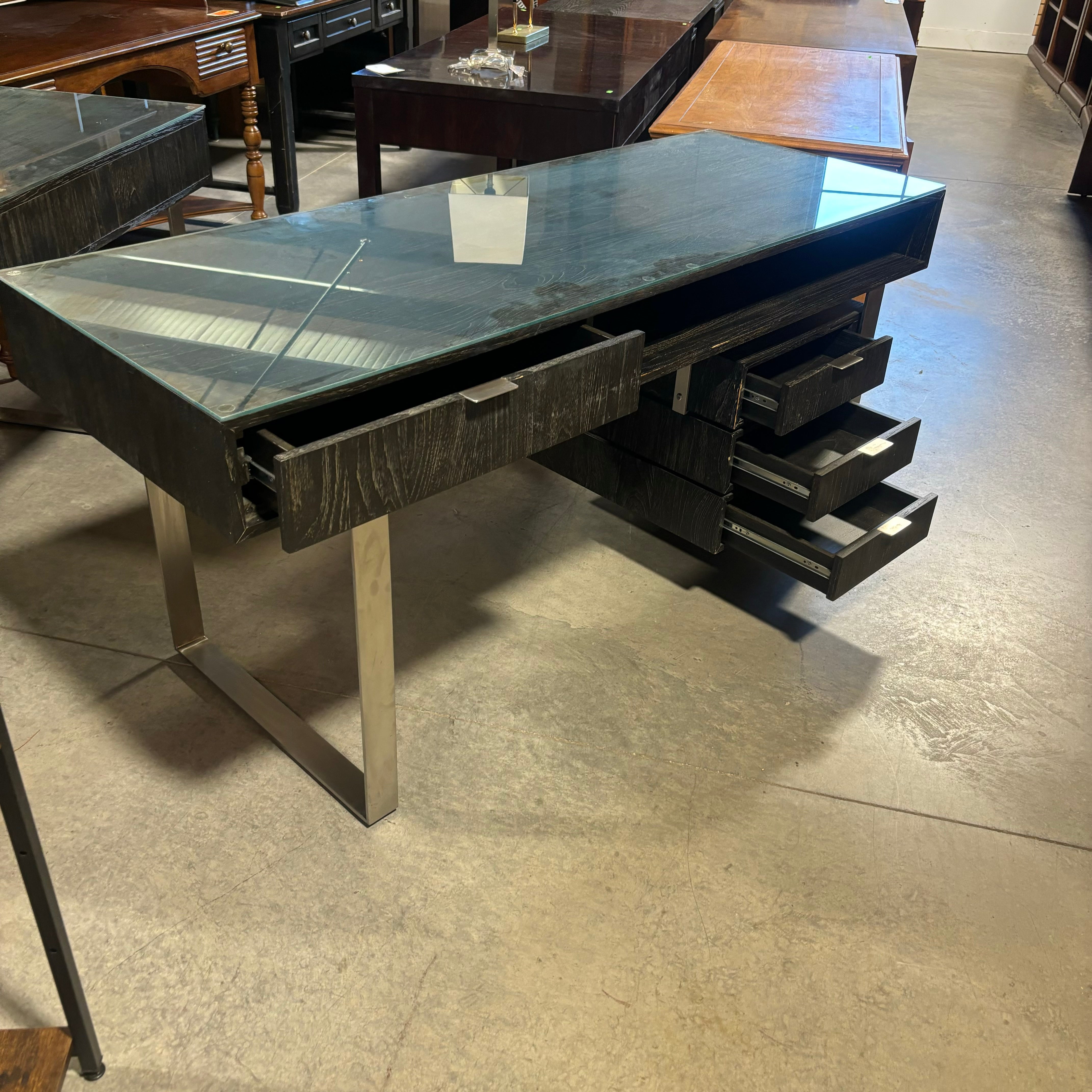 Brownstone Distressed Dark Wood with Steel Base & Glass Top 4 Drawer Desk 65"x 24"x 31"